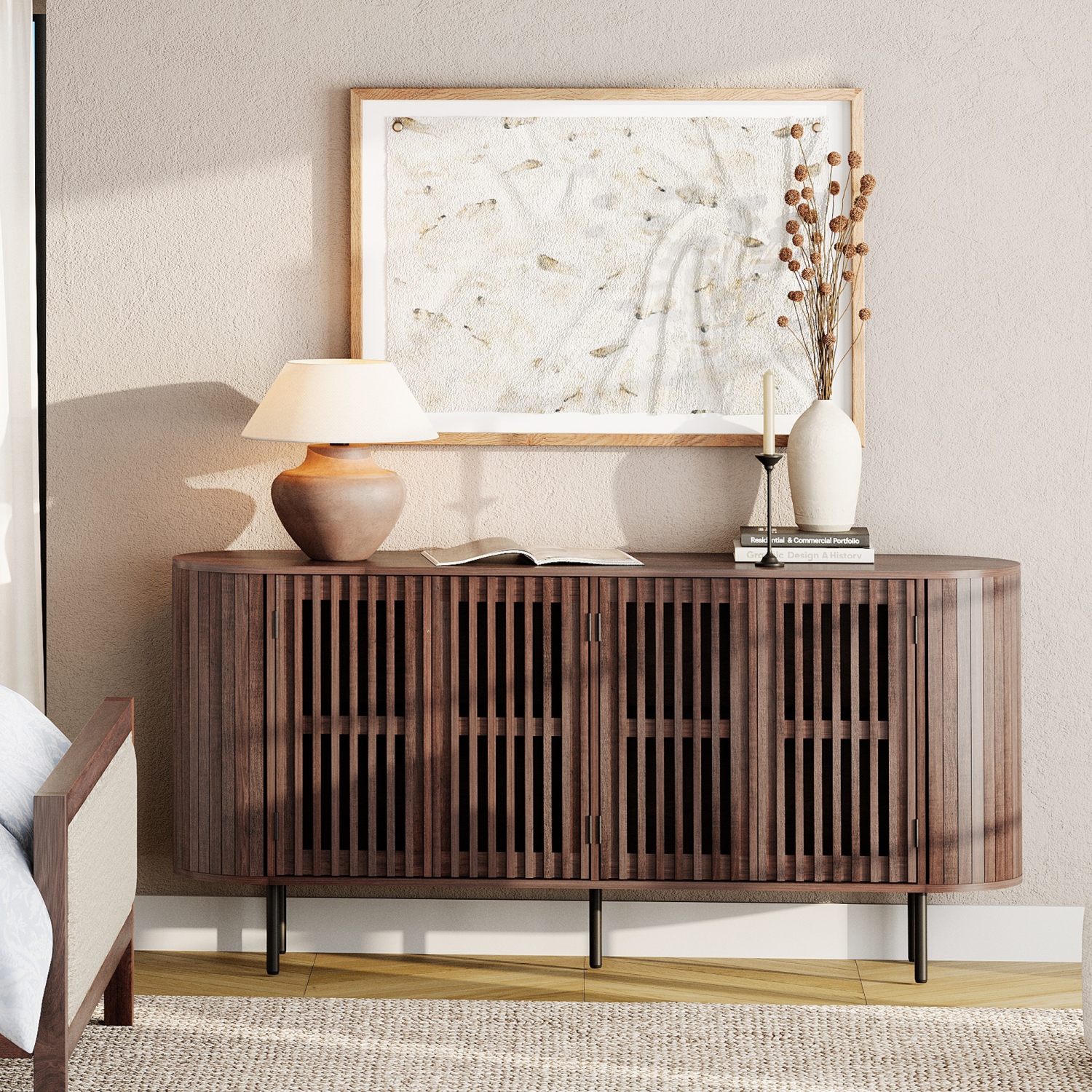 WAMPAT Sideboard Buffet Cabinet with 4 Fluted Doors,64" Wood Accent Storage Cabinet with Curved Design,Credenza for Dining Room, Living Room,