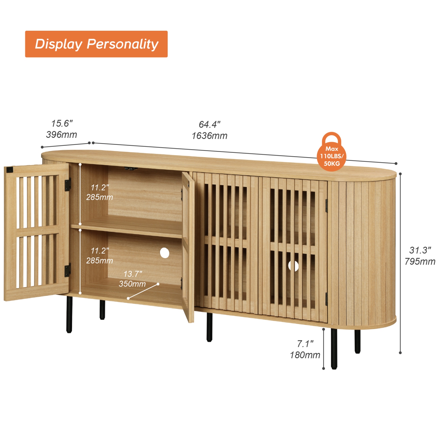 WAMPAT Sideboard Buffet Cabinet with 4 Fluted Doors,64" Wood Accent Storage Cabinet with Curved Design,Credenza for Dining Room,Hallway,Oak