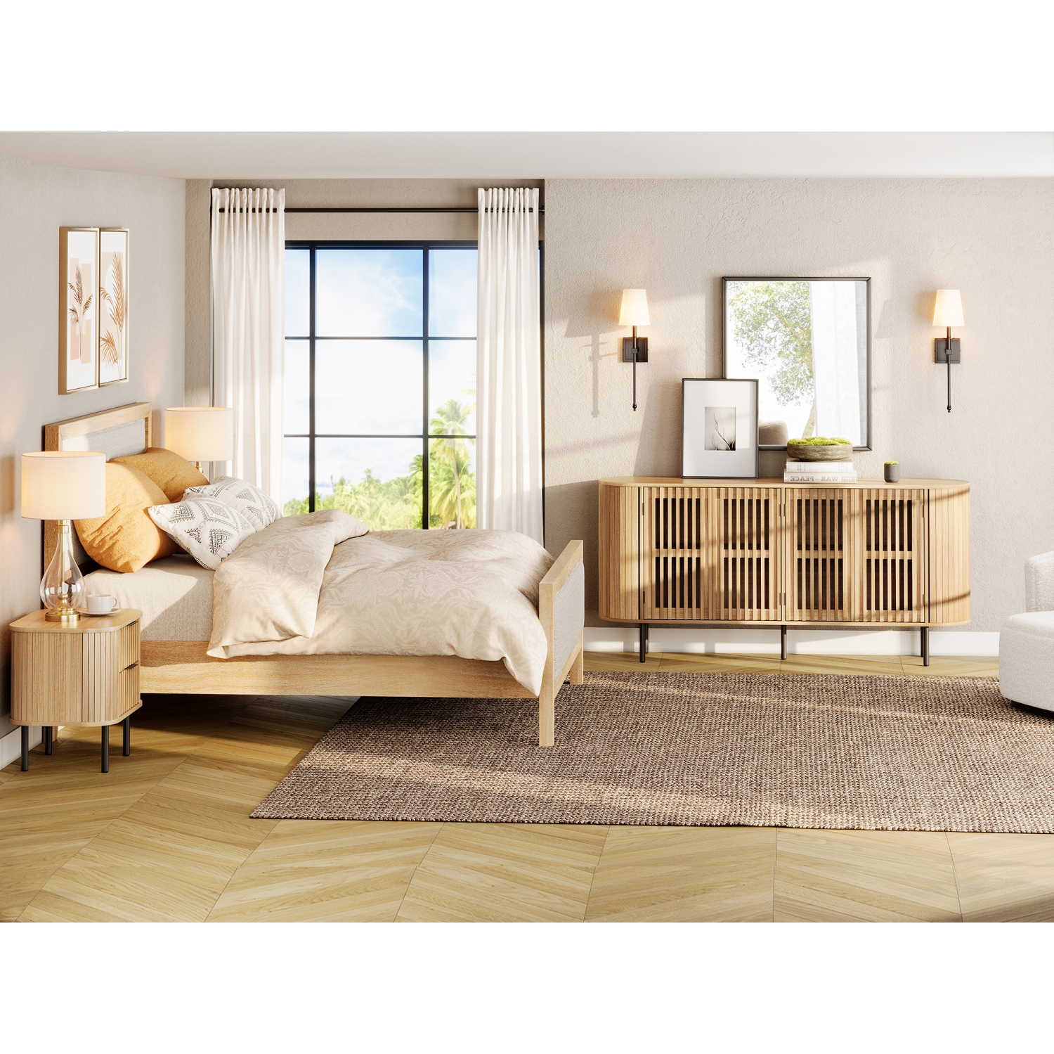 WAMPAT Sideboard Buffet Cabinet with 4 Fluted Doors,64" Wood Accent Storage Cabinet with Curved Design,Credenza for Dining Room,Hallway,Oak