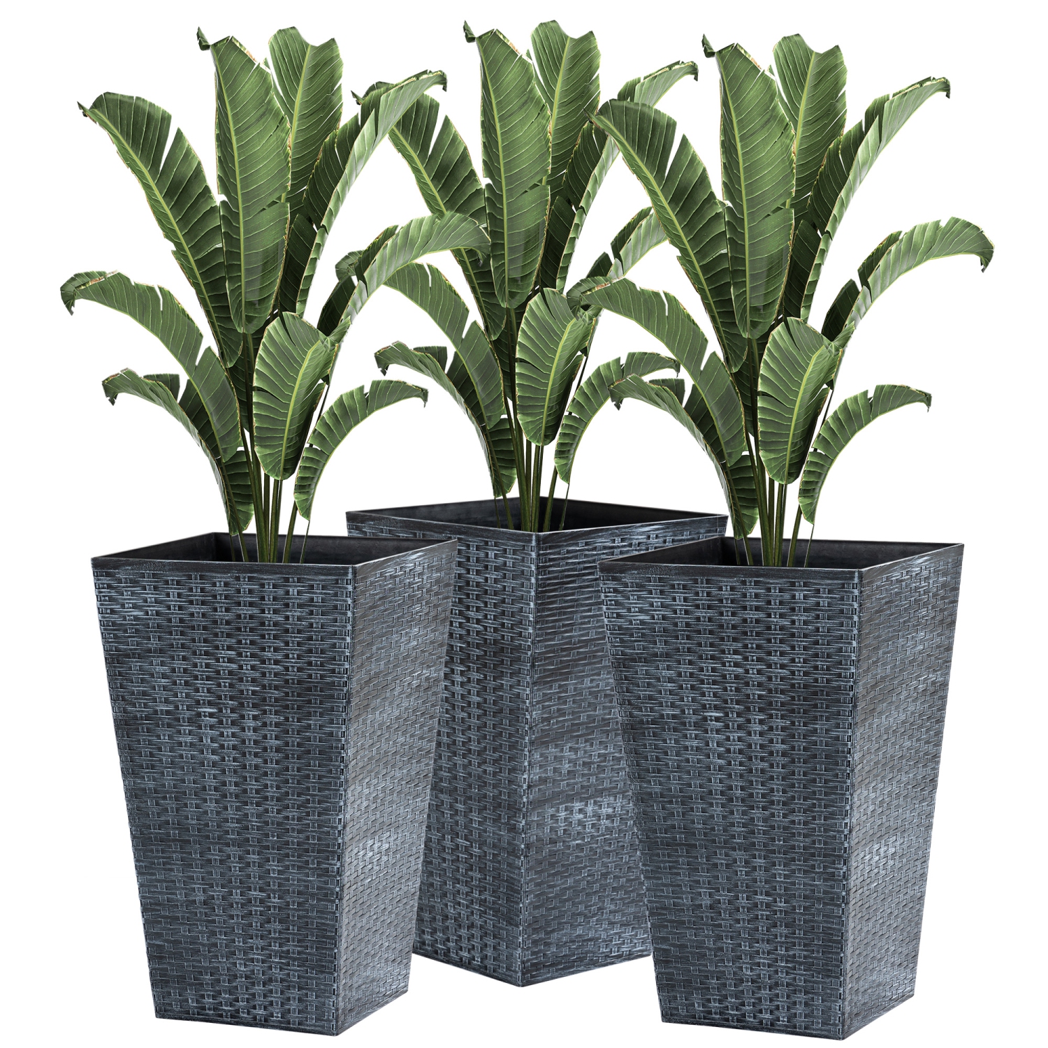 Outsunny Set of 3 Tall Planters for Outdoor Plants with Drainage Hole, Indoor Outdoor Planter Flower Pot Set for Front Door, Entryway, Patio and Deck, Mixed Grey