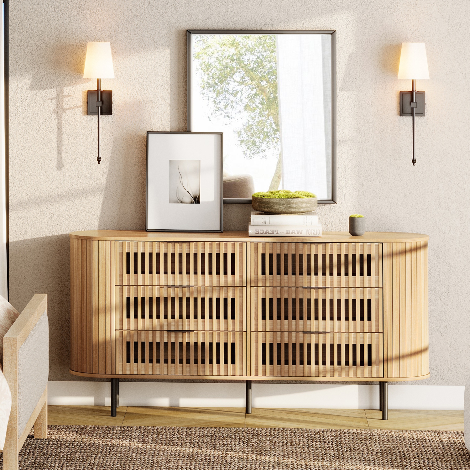 Commode cannelée WAMPAT pour chambre à coucher avec 6 tiroirs, commode moderne à tiroirs à profil incurvé, range-tout en bois pour chambre, salon,