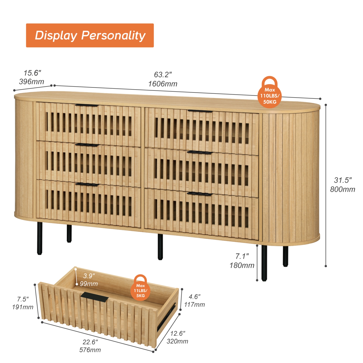 Commode cannelée WAMPAT pour chambre à coucher avec 6 tiroirs, commode moderne à tiroirs à profil incurvé, range-tout en bois pour chambre, salon,