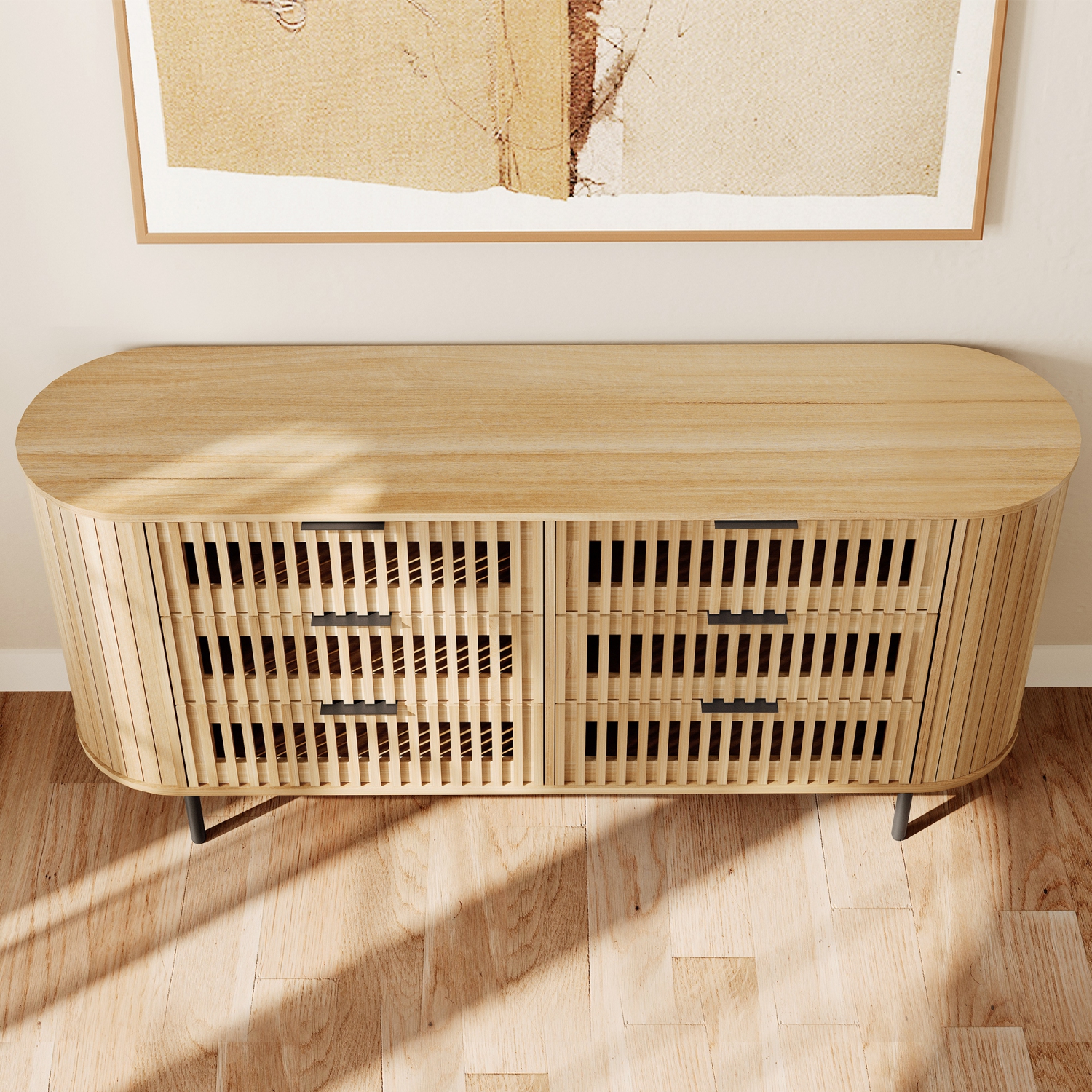 Commode cannelée WAMPAT pour chambre à coucher avec 6 tiroirs, commode moderne à tiroirs à profil incurvé, range-tout en bois pour chambre, salon,
