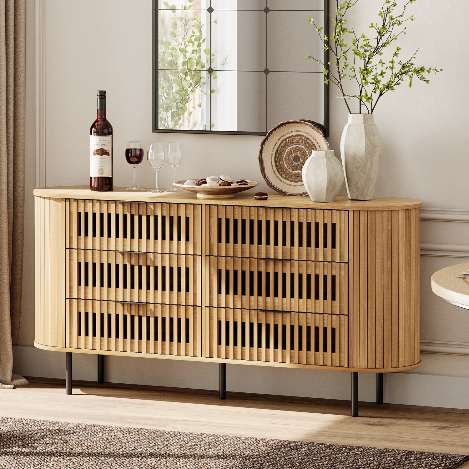 Commode cannelée WAMPAT pour chambre à coucher avec 6 tiroirs, commode moderne à tiroirs à profil incurvé, range-tout en bois pour chambre, salon,