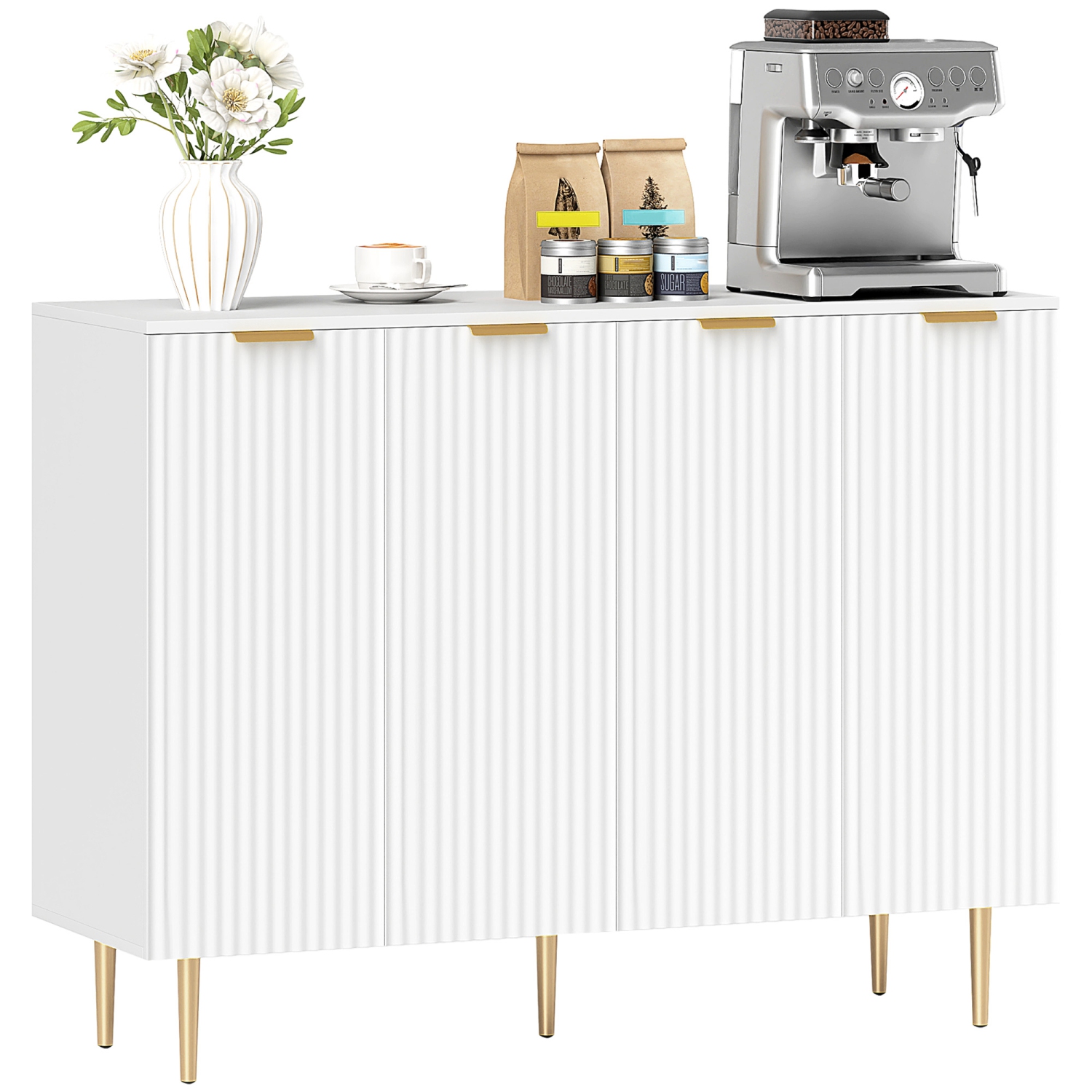 HOMCOM – Buffet, armoire de rangement moderne pour la cuisine avec 4 portes et tablettes réglables, armoire de bar à café cannelée avec pattes en