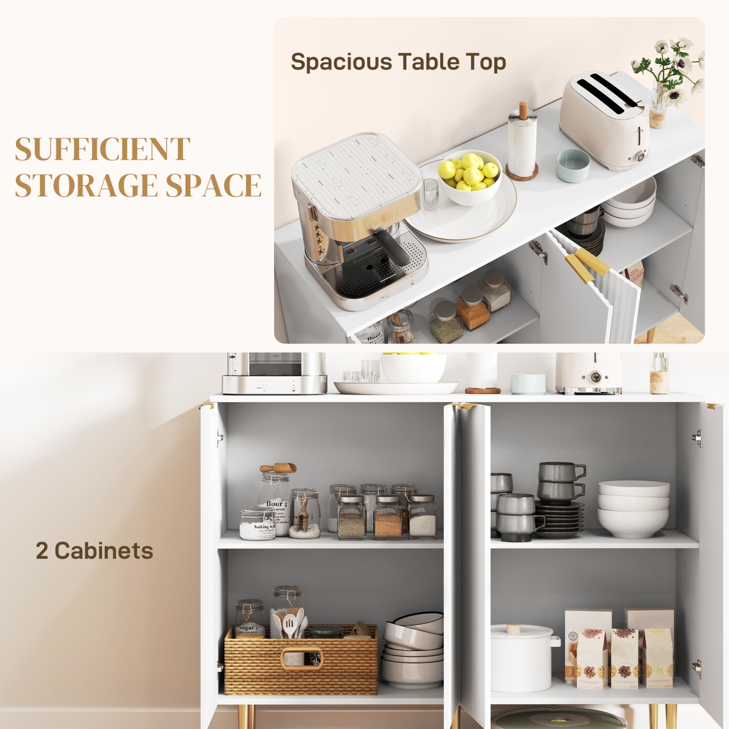 HOMCOM – Buffet, armoire de rangement moderne pour la cuisine avec 4 portes et tablettes réglables, armoire de bar à café cannelée avec pattes en