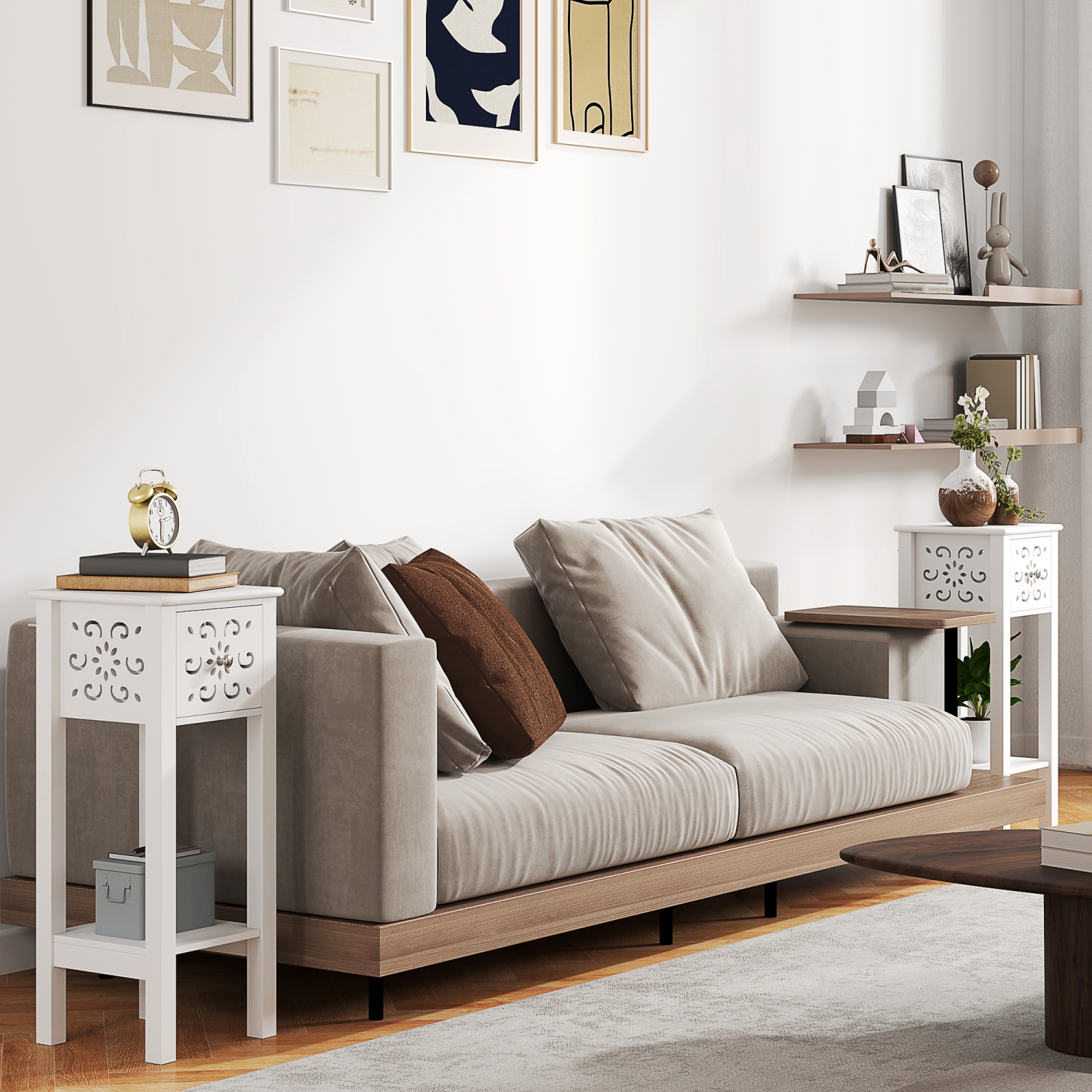 HOMCOM Nightstand Set of 2, Bedside Table Set with Drawer and Open Storage Shelf, End Table Set with Flower-Shaped Design for Bedroom, White