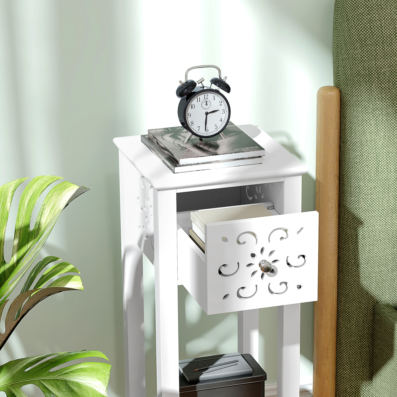 HOMCOM Nightstand Set of 2, Bedside Table Set with Drawer and Open Storage Shelf, End Table Set with Flower-Shaped Design for Bedroom, White