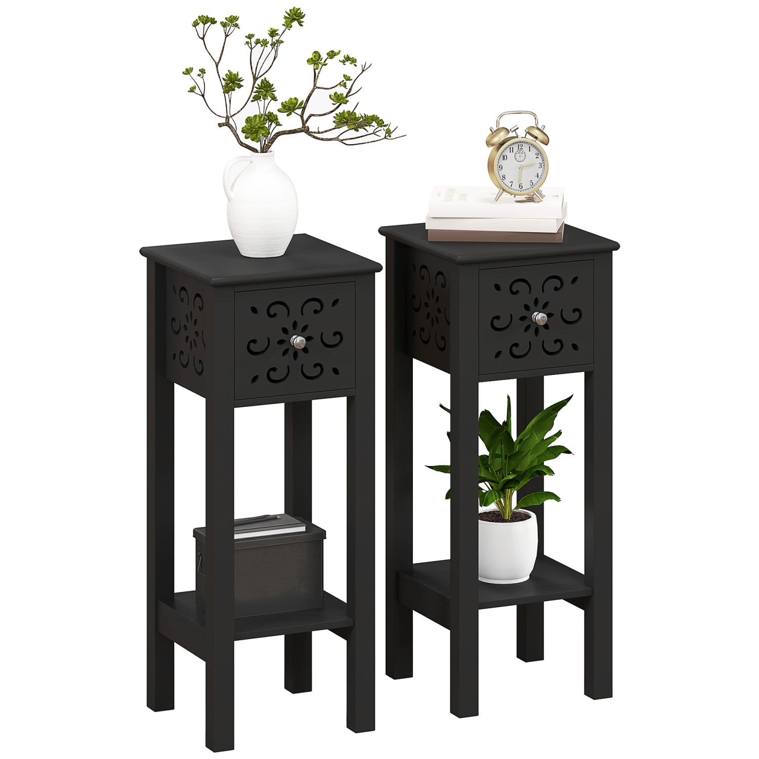 HOMCOM Nightstand Set of 2, Bedside Table Set with Drawer and Open Storage Shelf, End Table Set with Flower-Shaped Design for Bedroom, Black