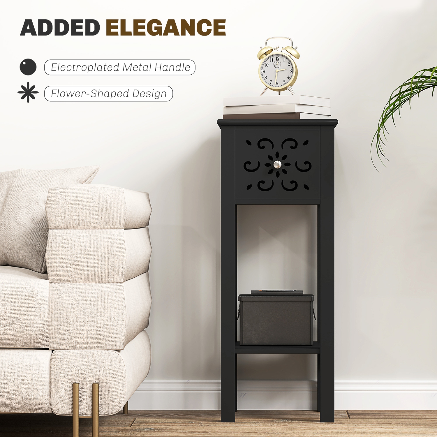 HOMCOM Nightstand Set of 2, Bedside Table Set with Drawer and Open Storage Shelf, End Table Set with Flower-Shaped Design for Bedroom, Black