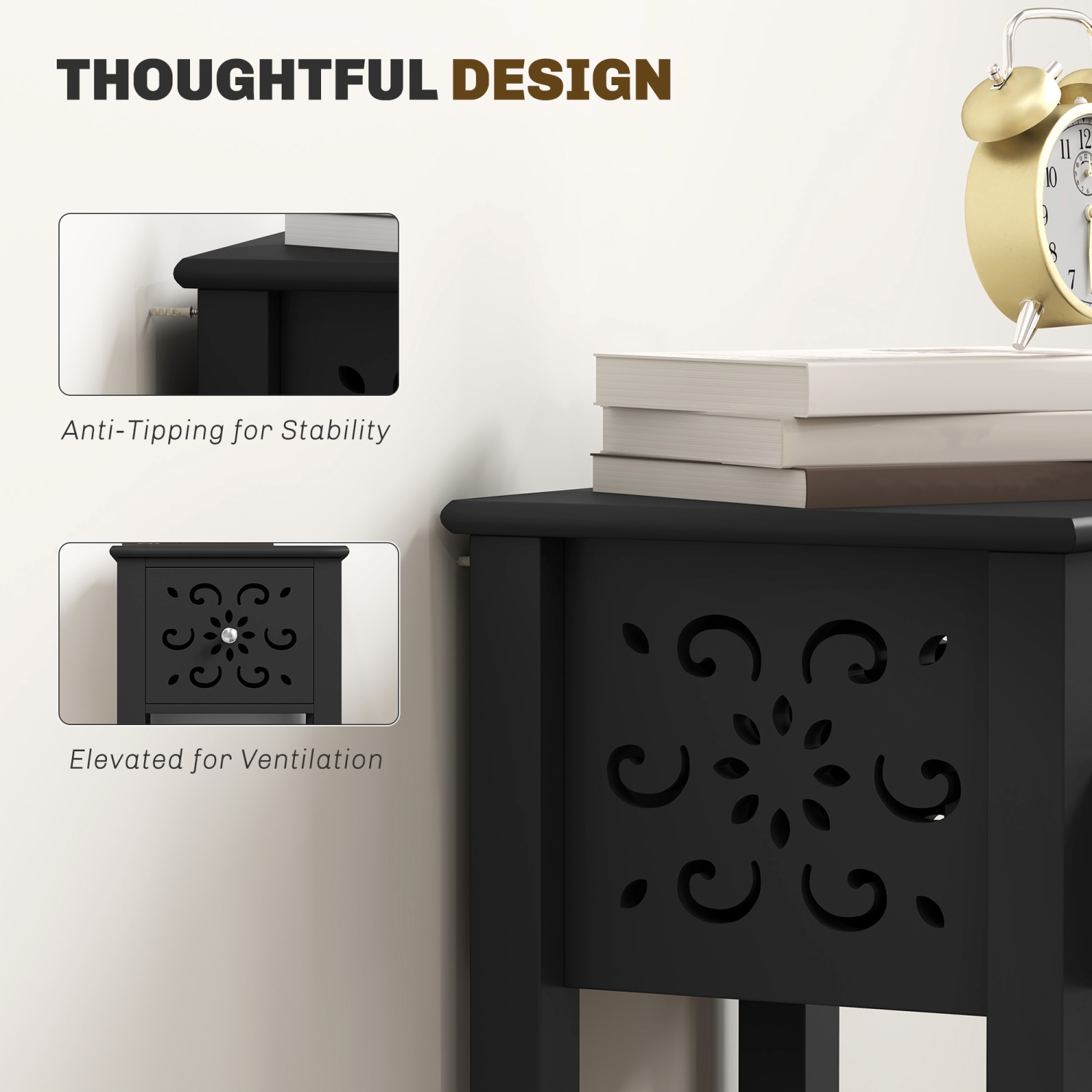 HOMCOM Nightstand Set of 2, Bedside Table Set with Drawer and Open Storage Shelf, End Table Set with Flower-Shaped Design for Bedroom, Black