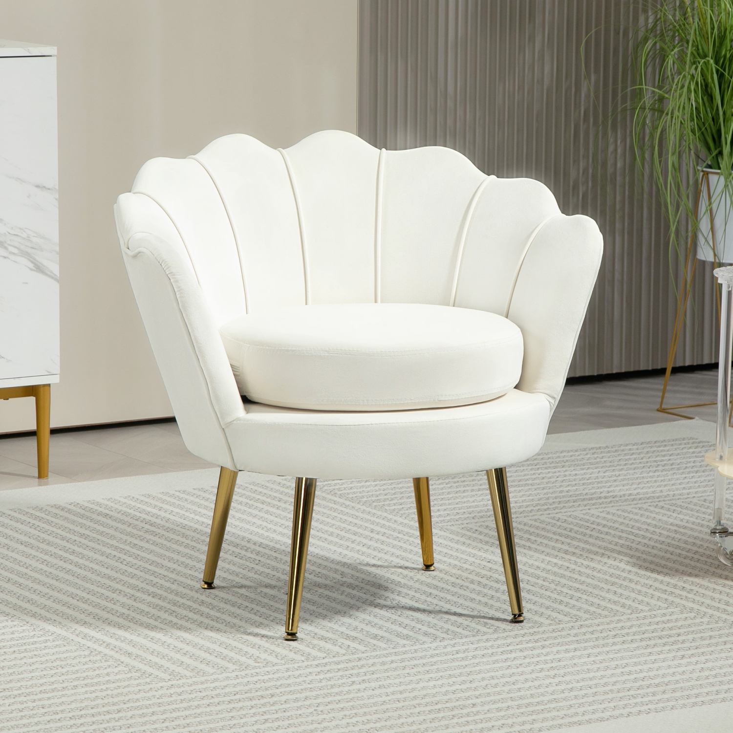 HOMCOM Modern Accent Chair, Velvet-Touch Fabric Leisure Club Chair with Gold Metal Legs for Bedroom, Cream White