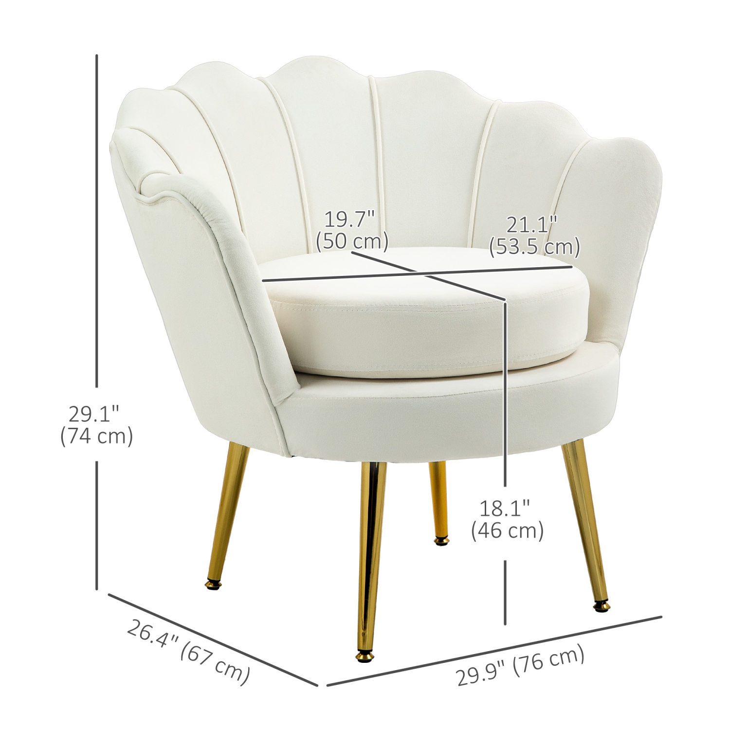 HOMCOM Modern Accent Chair, Velvet-Touch Fabric Leisure Club Chair with Gold Metal Legs for Bedroom, Cream White