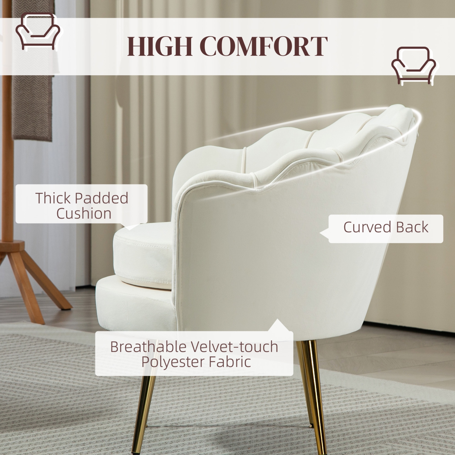 HOMCOM Modern Accent Chair, Velvet-Touch Fabric Leisure Club Chair with Gold Metal Legs for Bedroom, Cream White