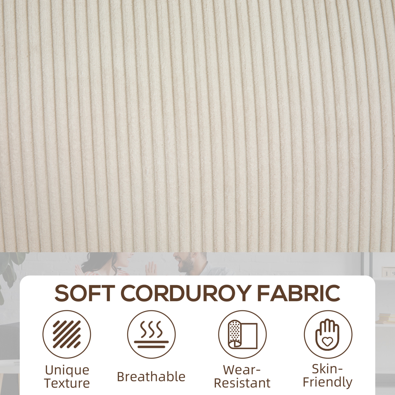 HOMCOM Modern 3 Seater Sofa with Spring Cushion, 90" Upholstered Corduroy Couch with Cup Holders for Living Room, Bedroom, Home Office, Cream White