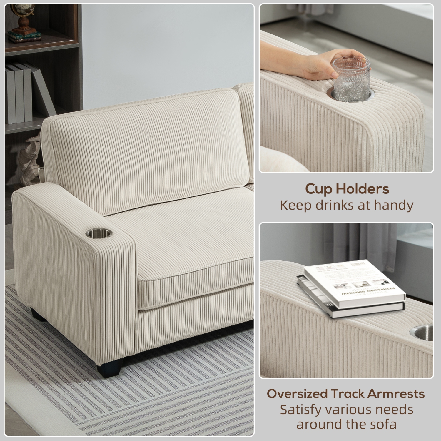 HOMCOM Modern 3 Seater Sofa with Spring Cushion, 90" Upholstered Corduroy Couch with Cup Holders for Living Room, Bedroom, Home Office, Cream White