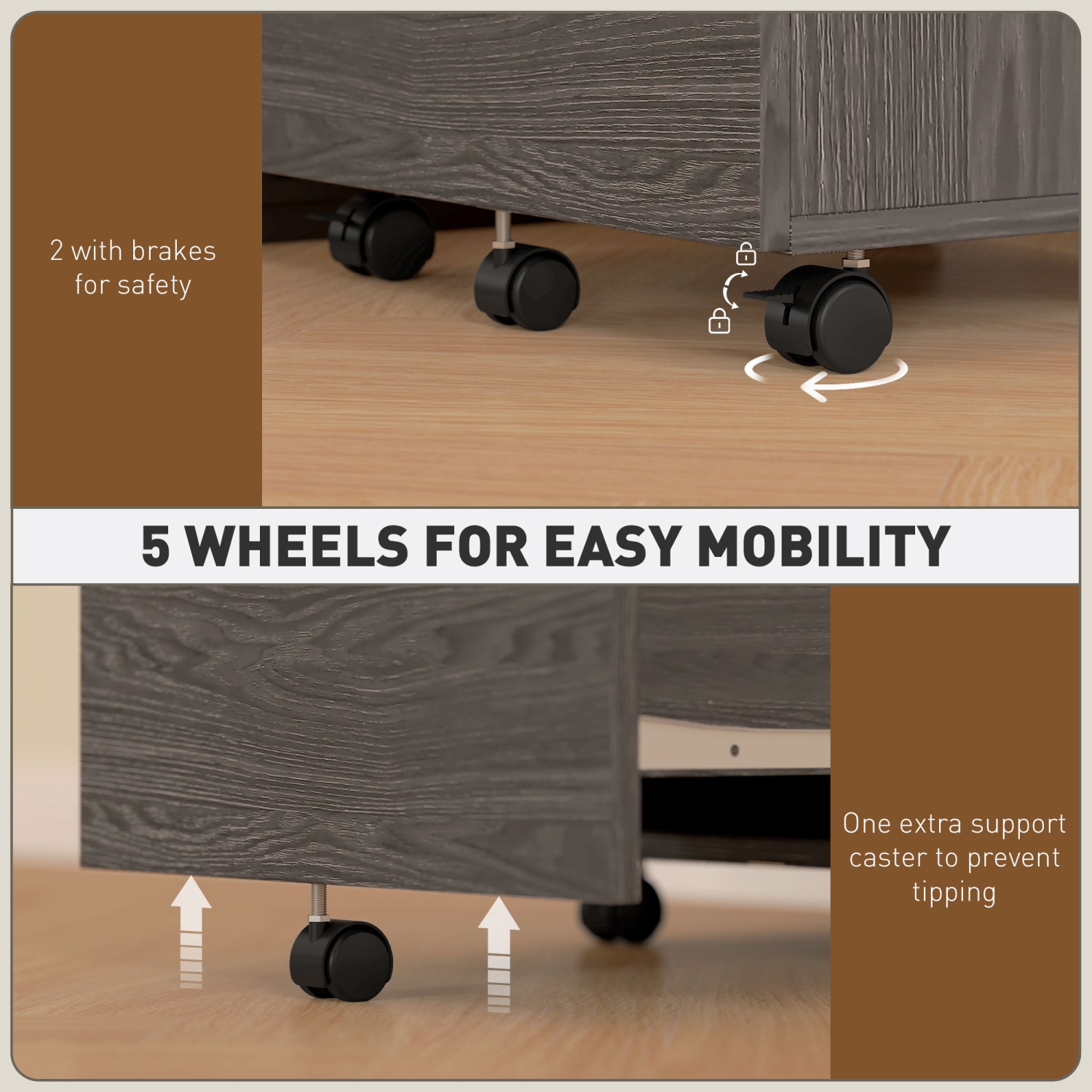 Vinsetto Vertical Filing Cabinet with Wheels, 2-Drawer Mobile File Cabinet, Office Storage Cabinet for Letter or A4 File, Study Home Office, Grey