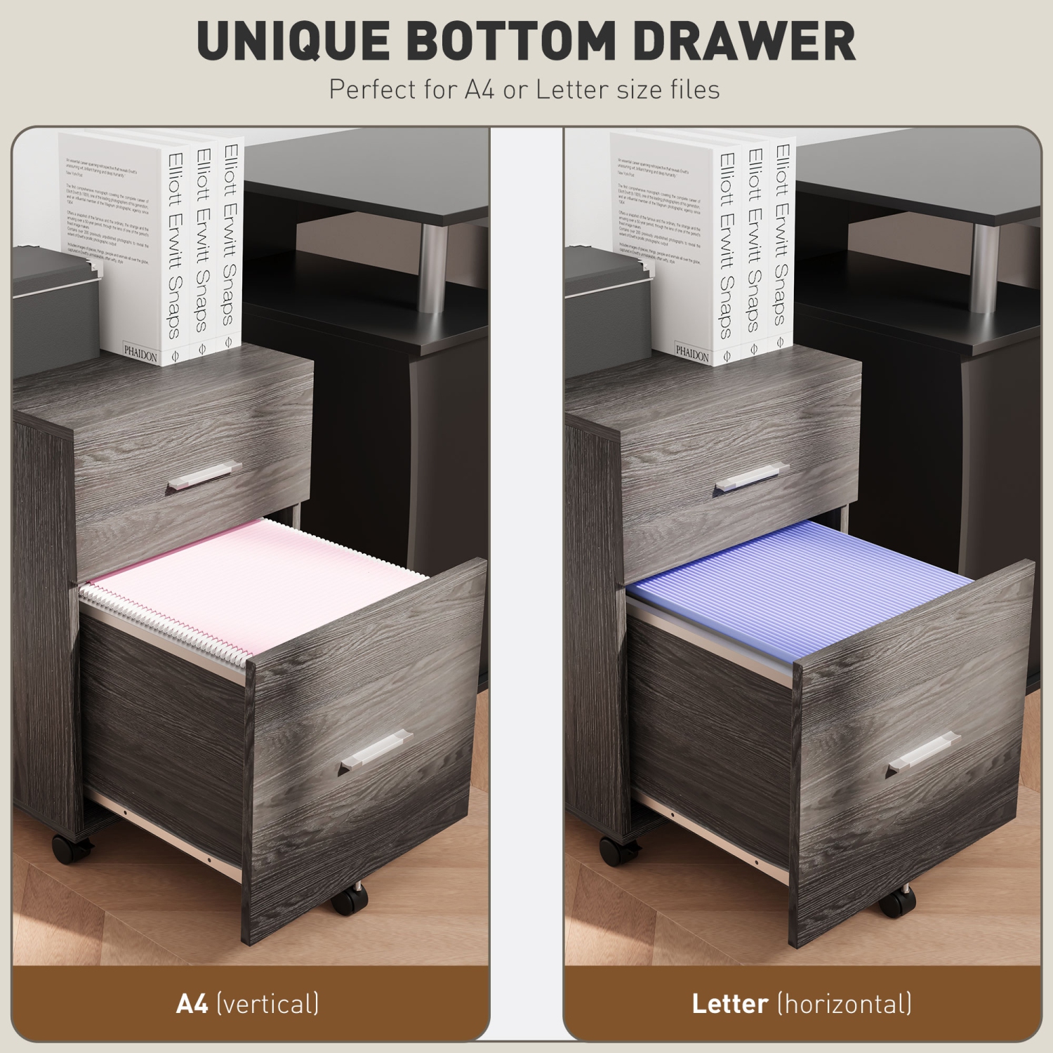 Vinsetto Vertical Filing Cabinet with Wheels, 2-Drawer Mobile File Cabinet, Office Storage Cabinet for Letter or A4 File, Study Home Office, Grey