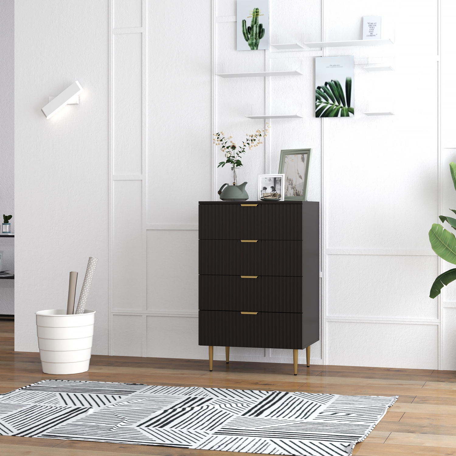 HOMCOM – Commode moderne à 4 tiroirs pour chambre à coucher, commode à tiroirs avec poignées et pattes dorées de luxe, armoire de rangement pour