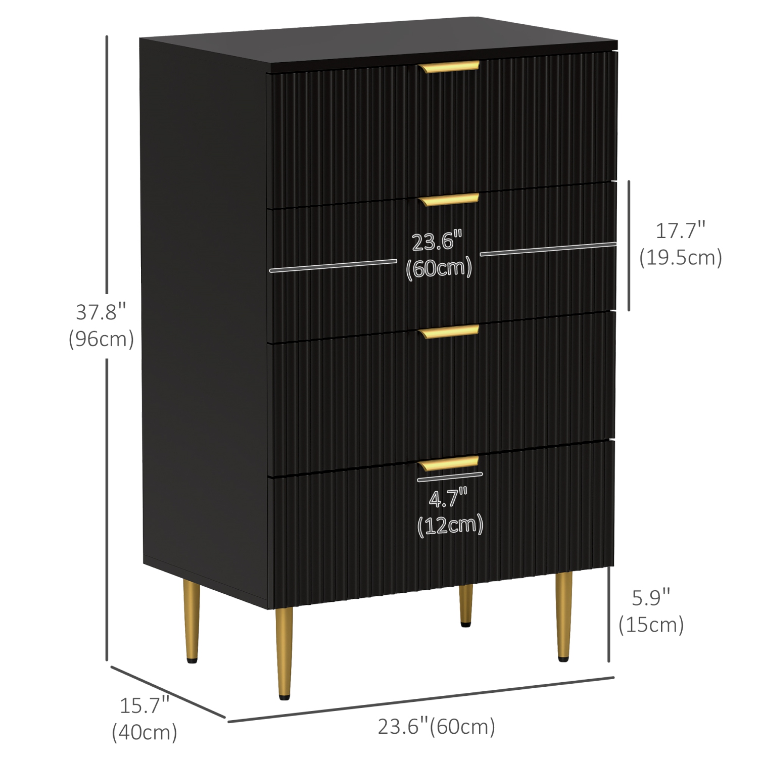 HOMCOM – Commode moderne à 4 tiroirs pour chambre à coucher, commode à tiroirs avec poignées et pattes dorées de luxe, armoire de rangement pour
