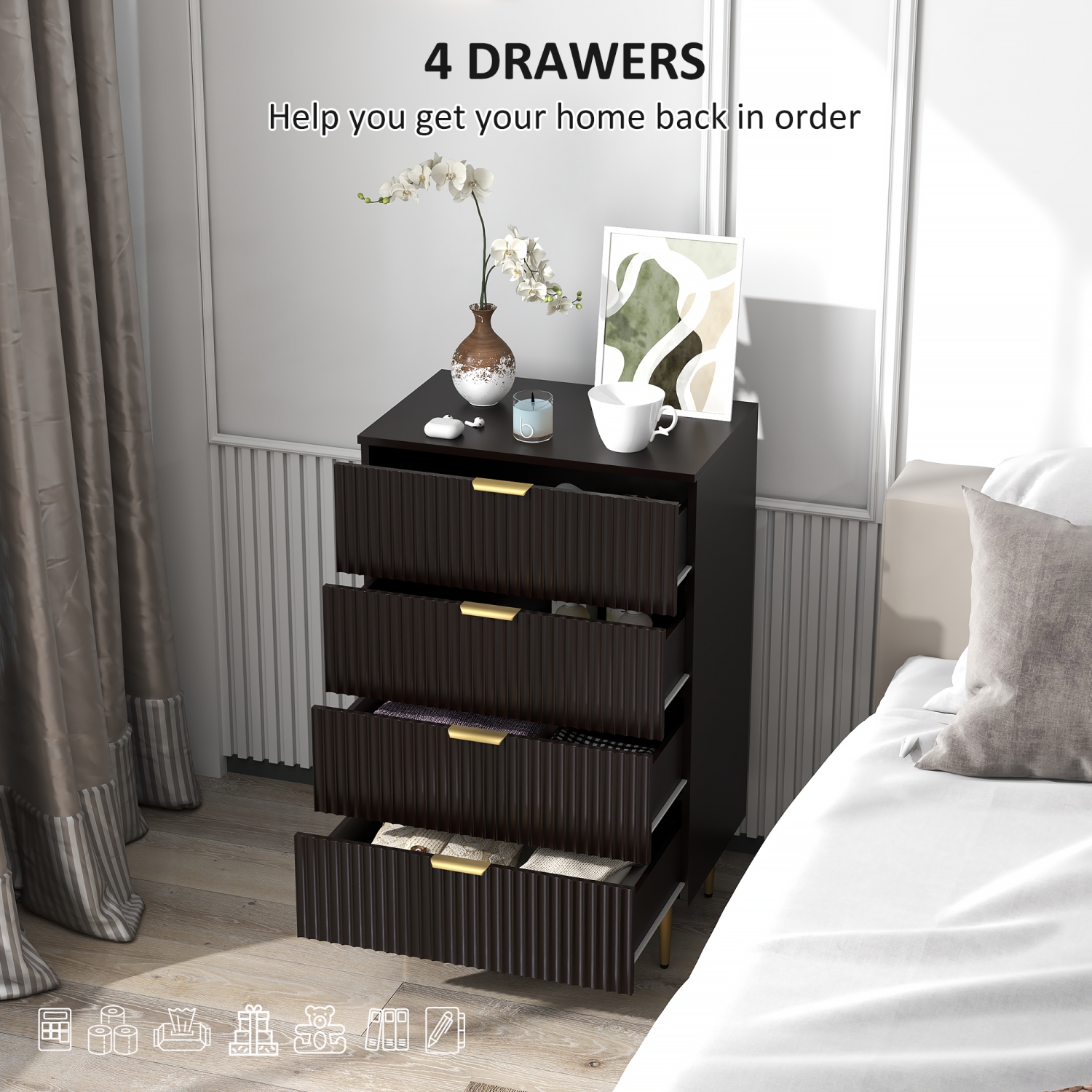 HOMCOM – Commode moderne à 4 tiroirs pour chambre à coucher, commode à tiroirs avec poignées et pattes dorées de luxe, armoire de rangement pour