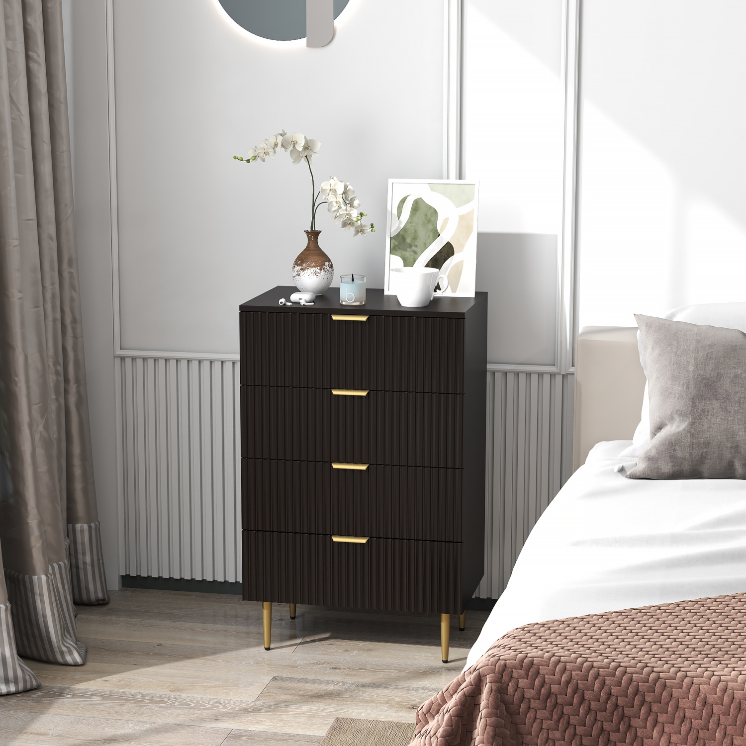 HOMCOM – Commode moderne à 4 tiroirs pour chambre à coucher, commode à tiroirs avec poignées et pattes dorées de luxe, armoire de rangement pour