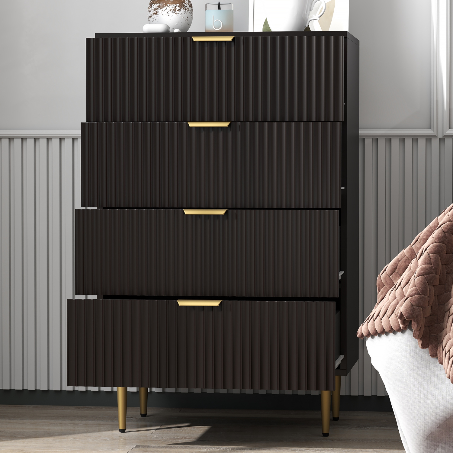 HOMCOM – Commode moderne à 4 tiroirs pour chambre à coucher, commode à tiroirs avec poignées et pattes dorées de luxe, armoire de rangement pour