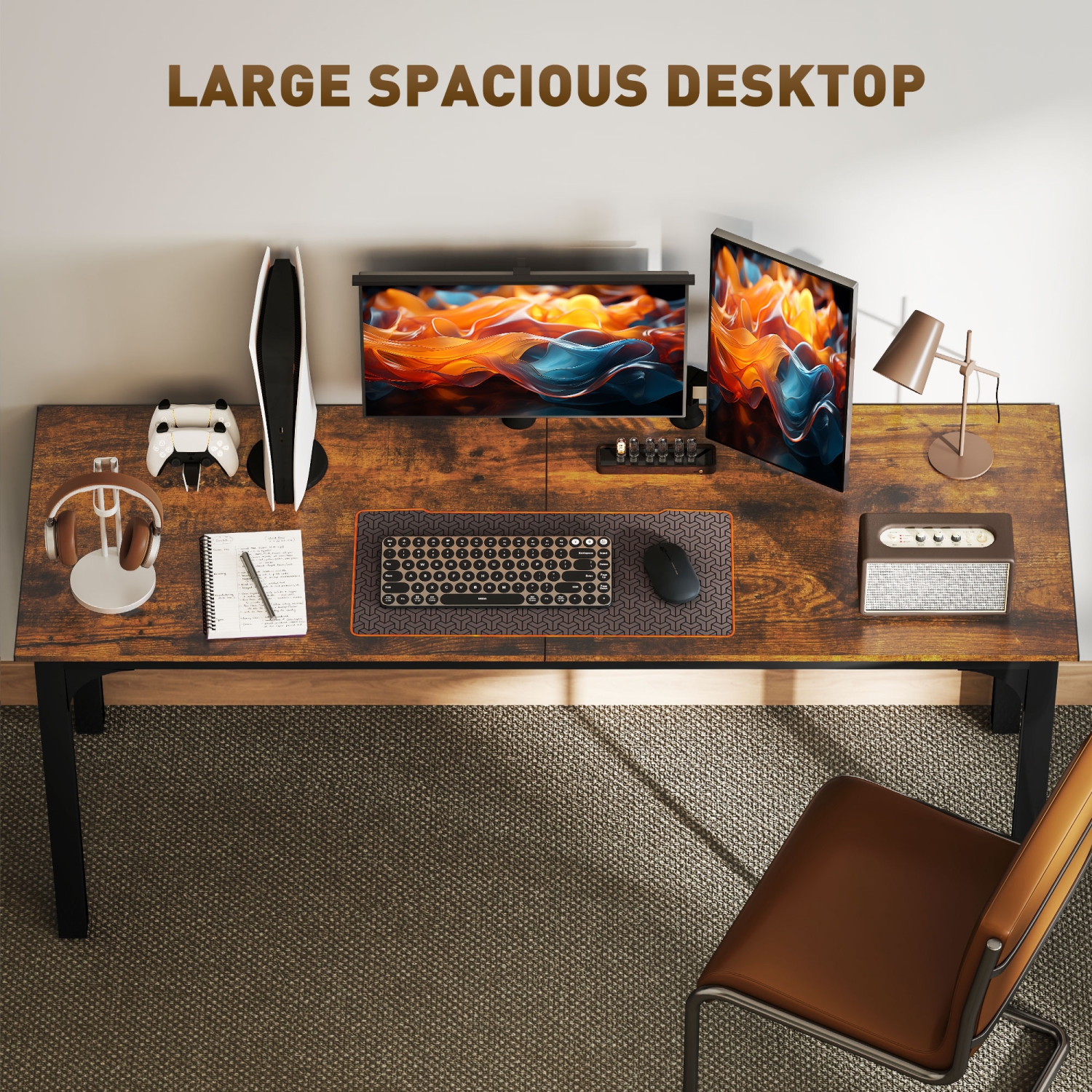 HOMCOM Large Computer Desk, 71" Long Home Office Desk for Two Person, Multi-Purpose Computer Table for Home Office Study, Rustic Brown