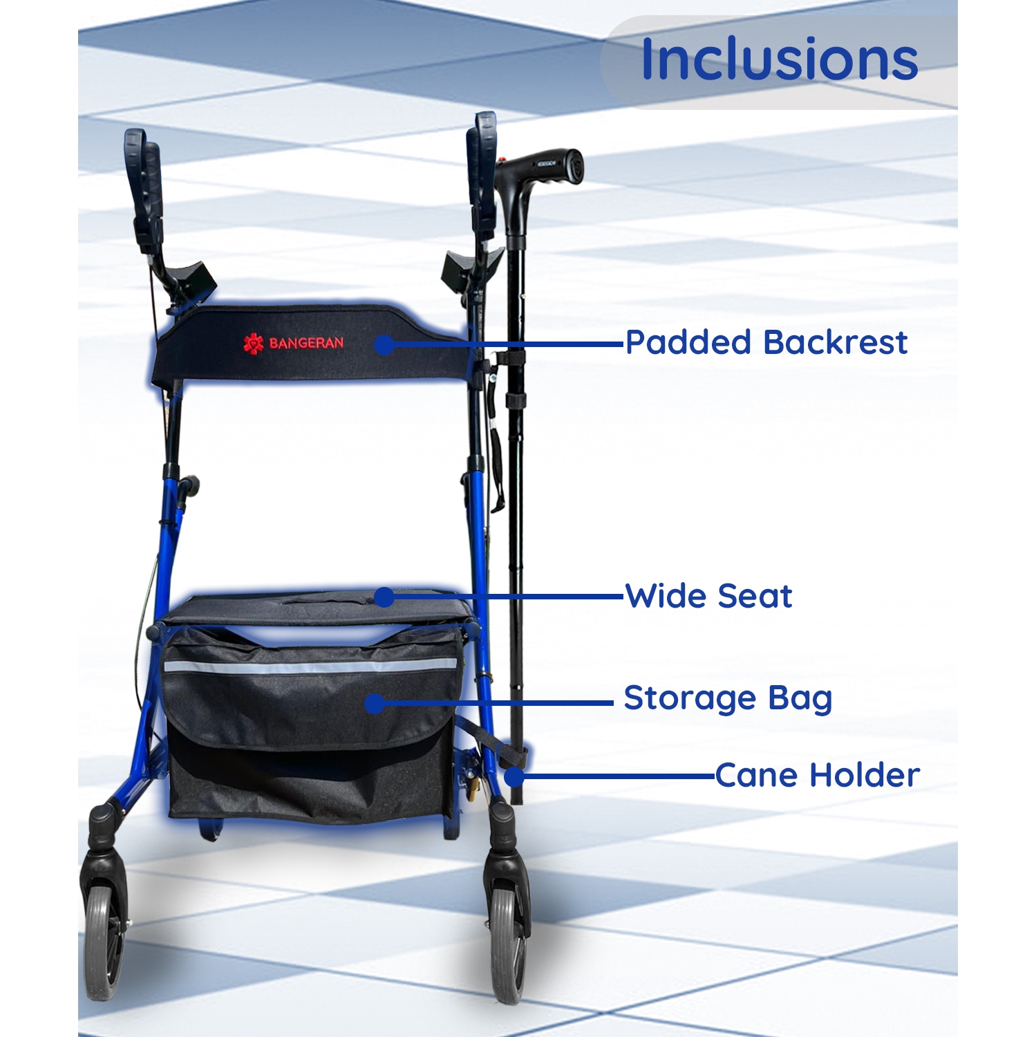 Healthy Stand Up Walking Support with Padded Seat & Armrests Up To 135 KG Capacity, 9.5 KG Lightweight Walking Rollator with Storage Bag & Cane