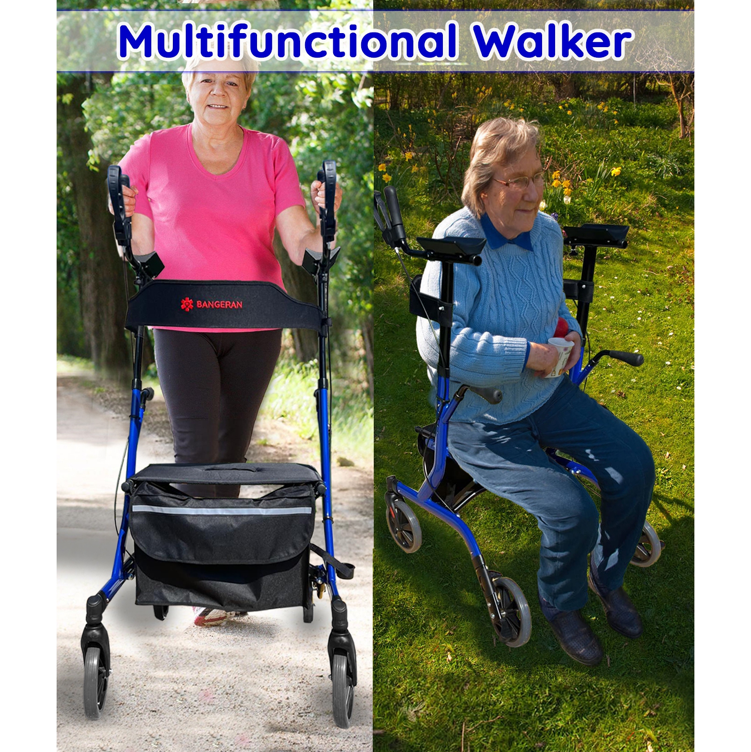 Healthy Stand Up Walking Support with Padded Seat & Armrests Up To 135 KG Capacity, 9.5 KG Lightweight Walking Rollator with Storage Bag & Cane