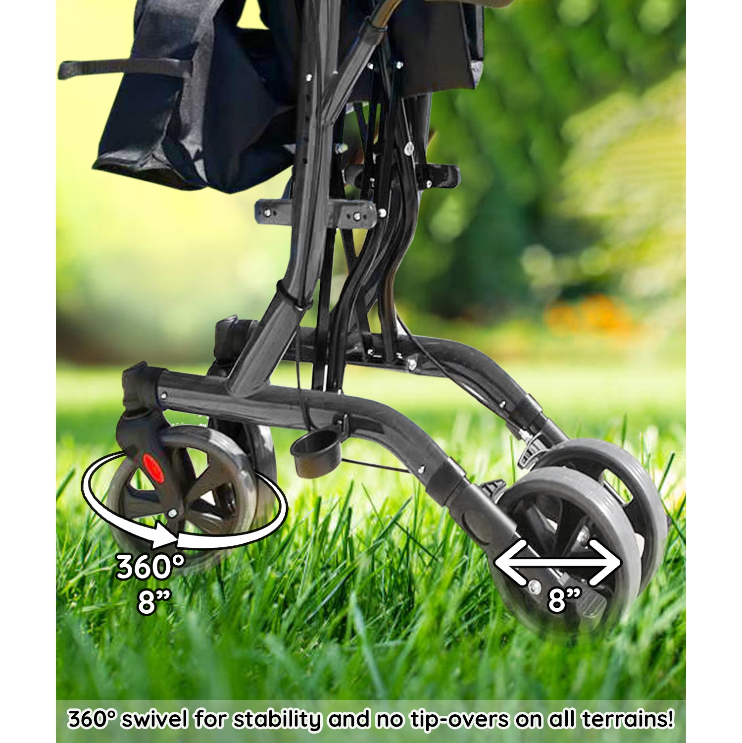 Marchette verticale à roulettes avec soutien des coudes, bonne position debout avec siège et double frein à main, permise sur les bateaux de