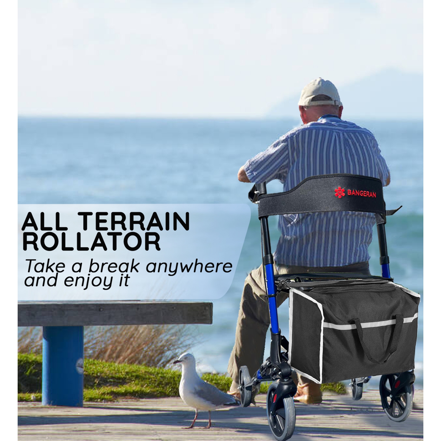 Ultra Light Rollator Walker with Seat, Portable Restful Mobility Solutions with 20cm Large Wheels and Storage Bag, Side Cane Storage, Dual Brake