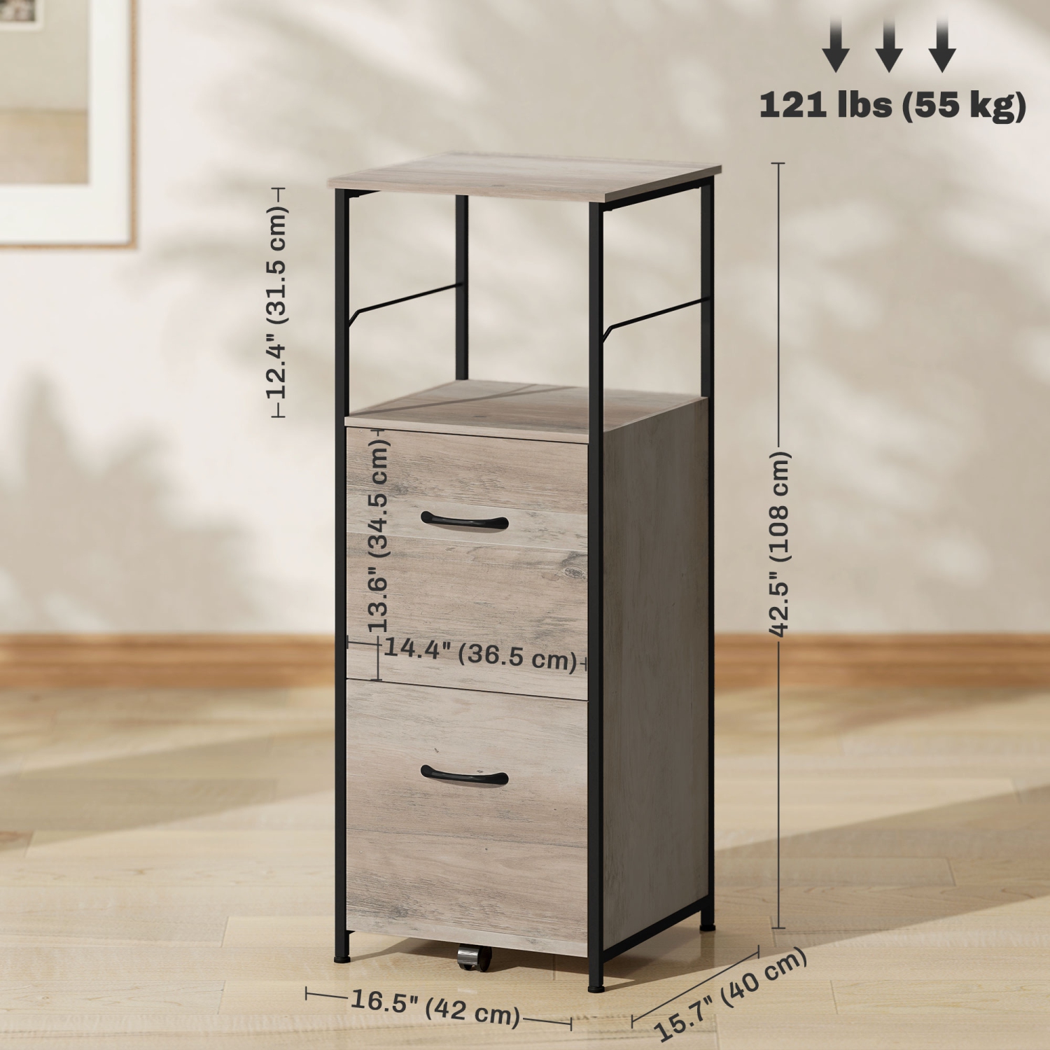 Vinsetto Vertical Filing Cabinet, 42.5" Tall File Cabinet with 2 Drawers, Open Shelf, Hanging Bars for Letter and A4 Size, Industrial Printer Stand