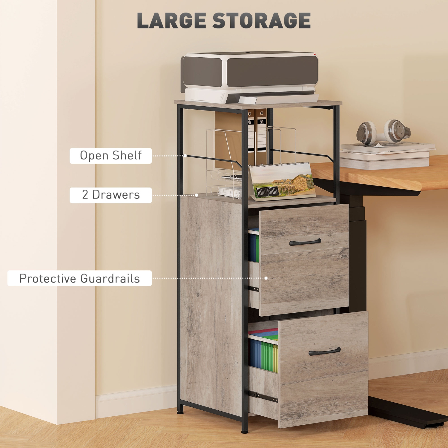 Vinsetto Vertical Filing Cabinet, 42.5" Tall File Cabinet with 2 Drawers, Open Shelf, Hanging Bars for Letter and A4 Size, Industrial Printer Stand