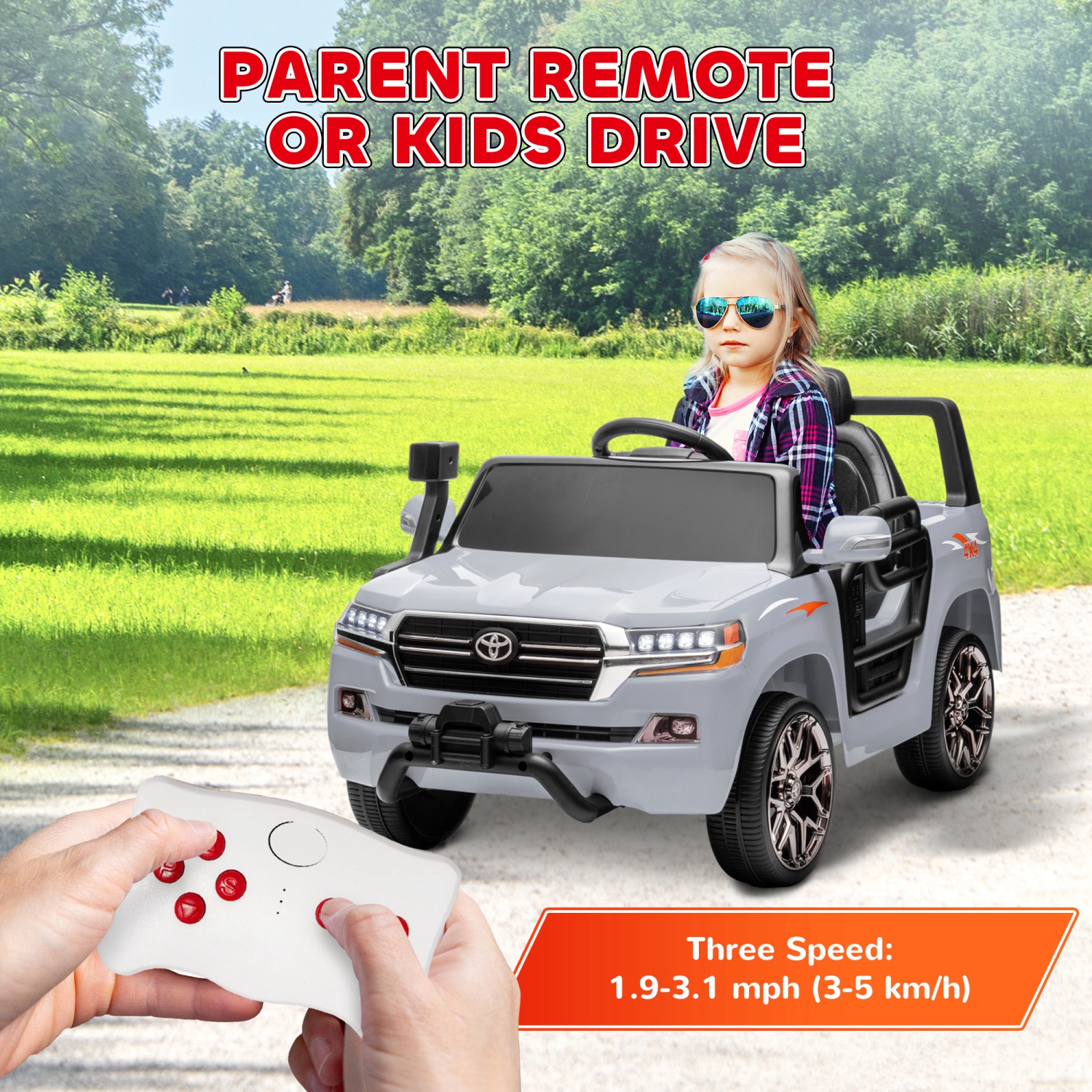 Qaba 12V Electric Car for Kids, Toyota LAND CRUISER Licensed Kids Car with Parent Remote Control, Four Wheel Spring Suspension, Soft Start, LED