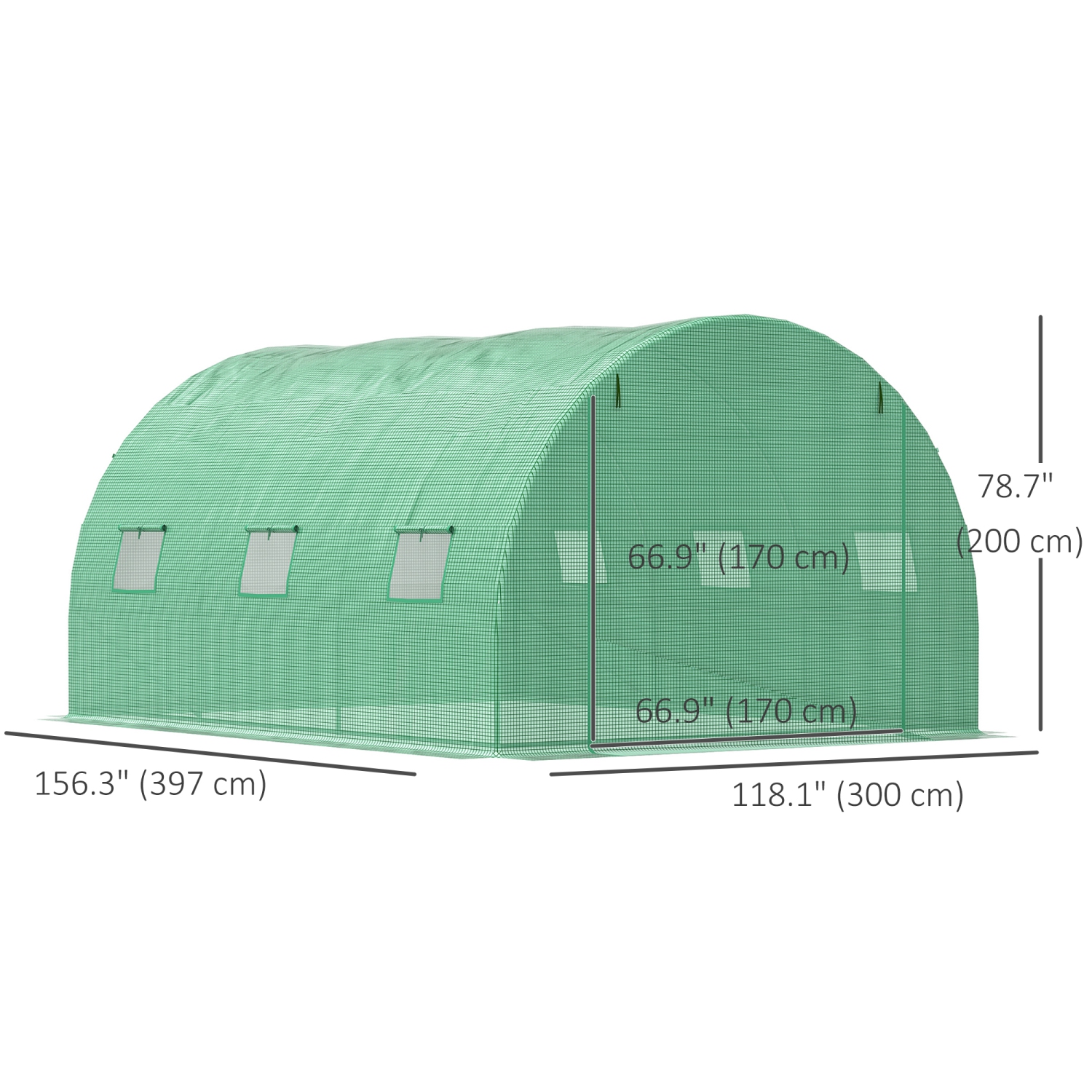 Tente extérieure à serre en polytunnel Outsunny de 13 x 10 x 6,6 pi avec porte enroulable à fermeture à glissière et 6 fenêtres en filet, vert