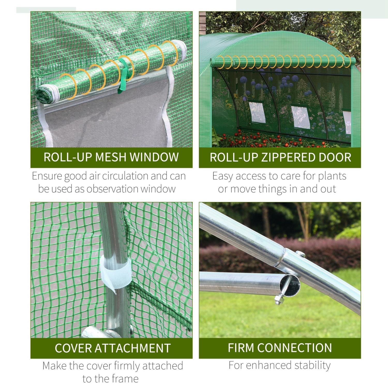 Tente extérieure à serre en polytunnel Outsunny de 13 x 10 x 6,6 pi avec porte enroulable à fermeture à glissière et 6 fenêtres en filet, vert