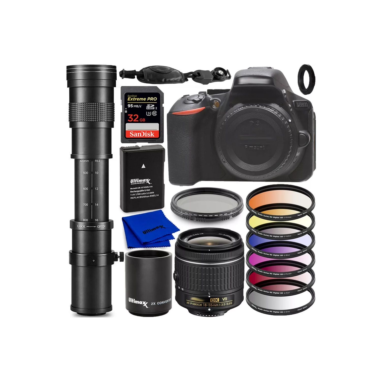 Nikon D5600 DSLR with AF-P DX 18-55mm + 420-800mm Lenses - Top Value Bundle