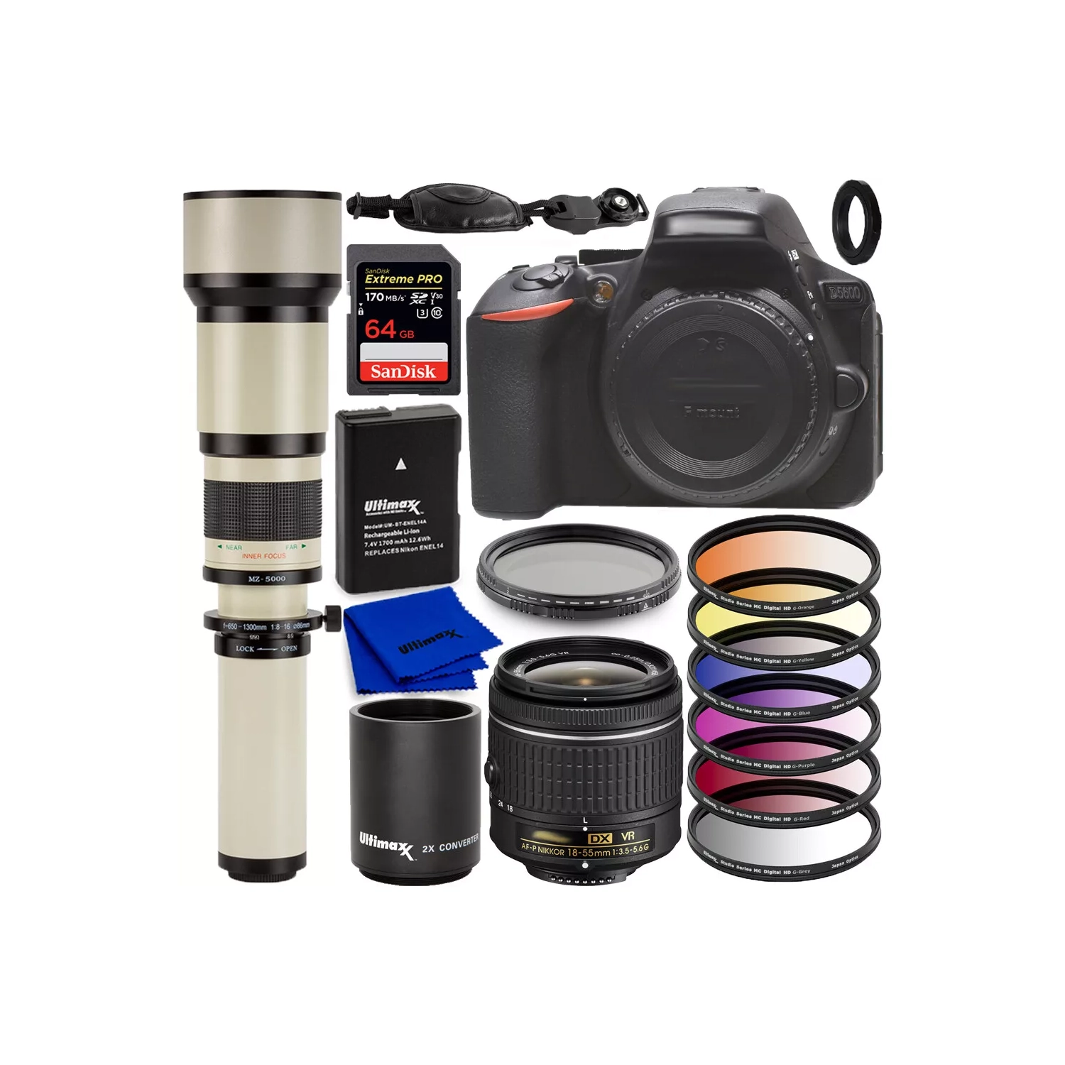 Appareil photo reflex numérique D5600 de Nikon avec objectif AF-P DX 18-55&nbsp;mm et objectifs 650-1300&nbsp;mm – Ensemble économique