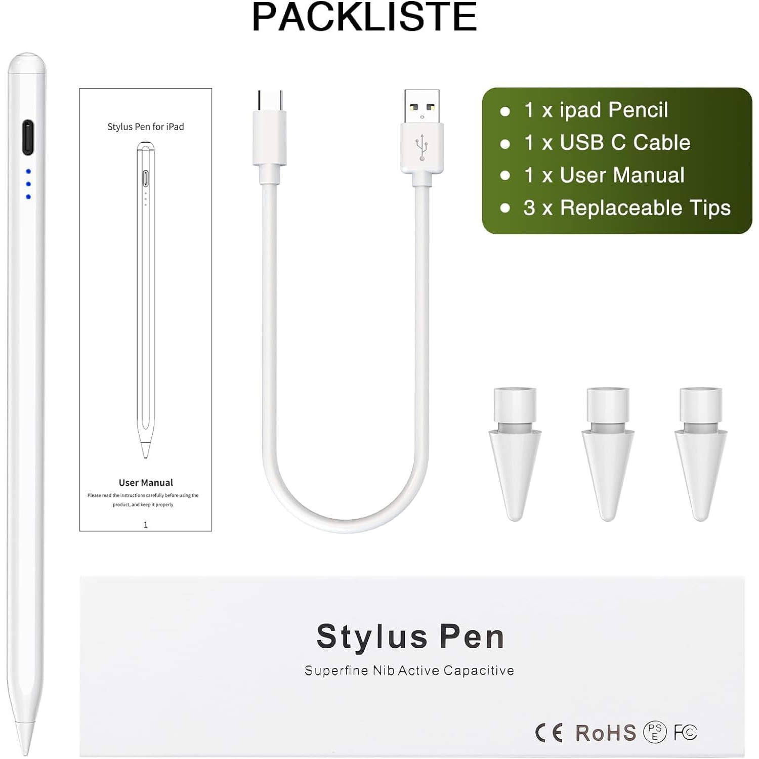 Stylus Pen for iPad 2018-2024, Quick Charging Pen for iPad with Tilt Sensitivity & Palm Rejection, Pencil Compatible with iPad Air 3/4/5/M2, iPad