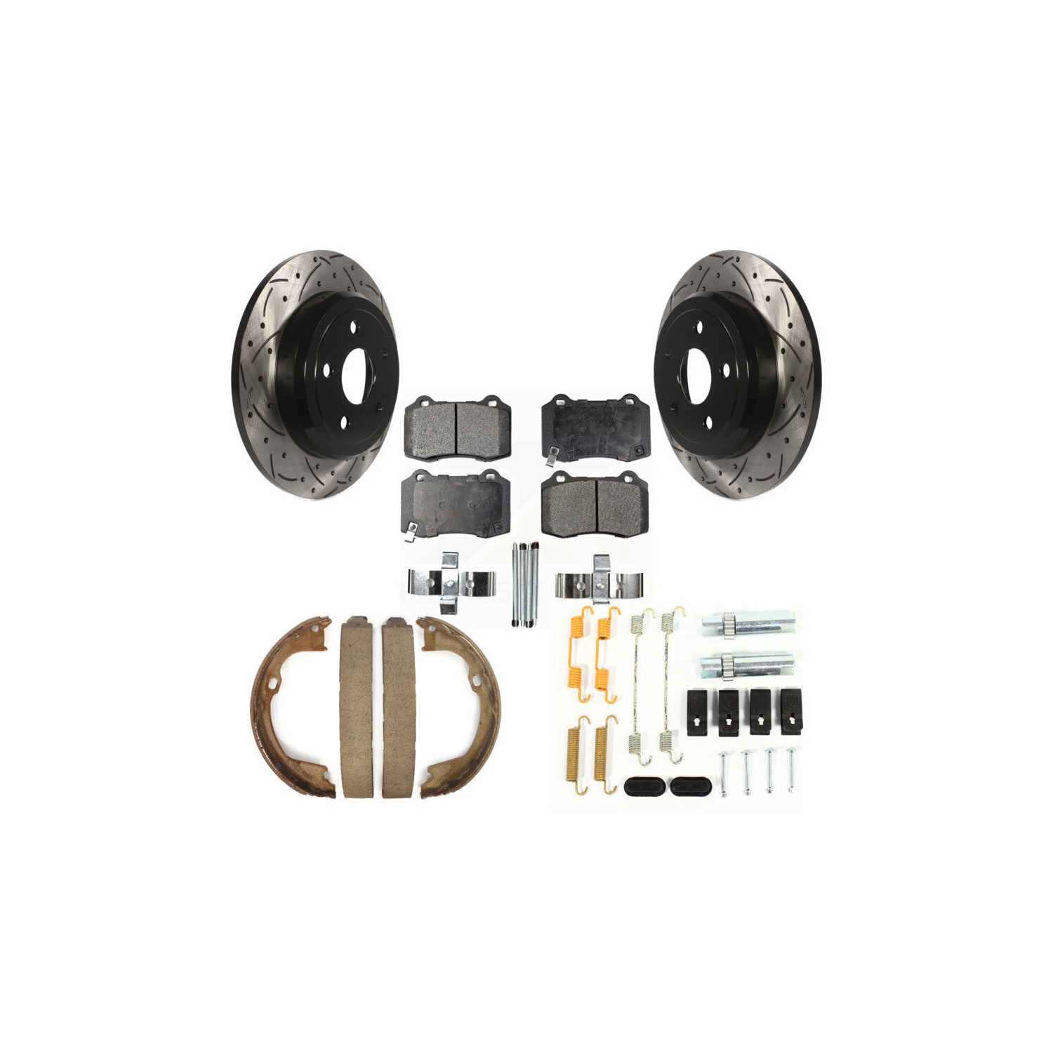 Rear Disc Drilled & Slotted Rotors Ceramic Pads Parking Brake Shoes And Hardware Kit For KDT-101691