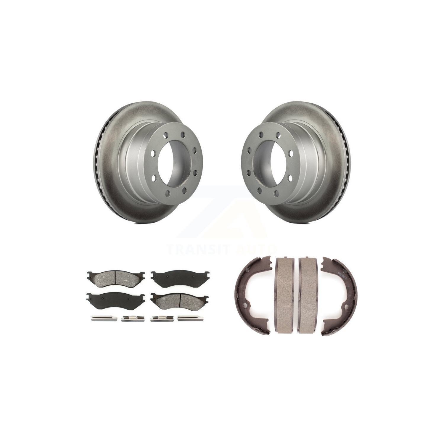 Rear Disc Coated Rotors Semi-Metallic Pads And Parking Brake Shoes Kit For Dodge Ram 1500 KGS-103060