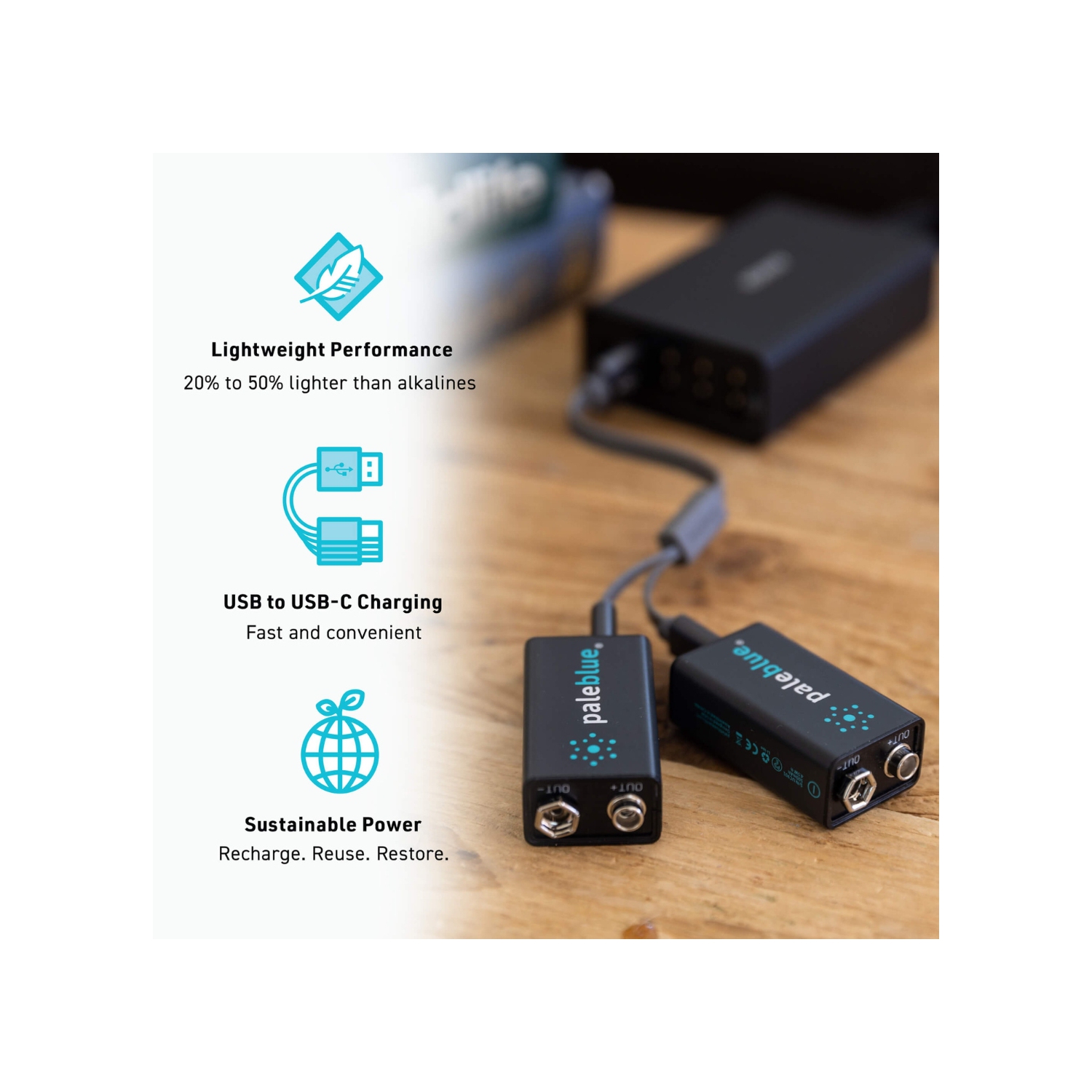 Piles AAA rechargeables par USB bleu pâle, 600&nbsp;mAh au lithium-ion 1,5&nbsp;V, recharge rapide en 60 minutes, paquet de 4 avec indicateur de