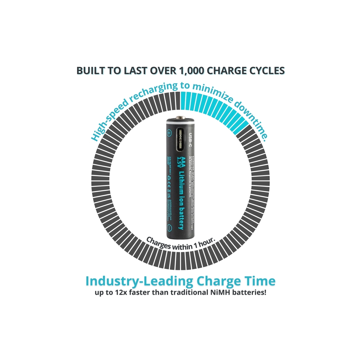 USB Rechargeable AAA Batteries by Pale Blue, Lithium Ion 1.5V 600mAh, Fast Charging in 60 Minutes, 8-Pack with LED Charge Indicator