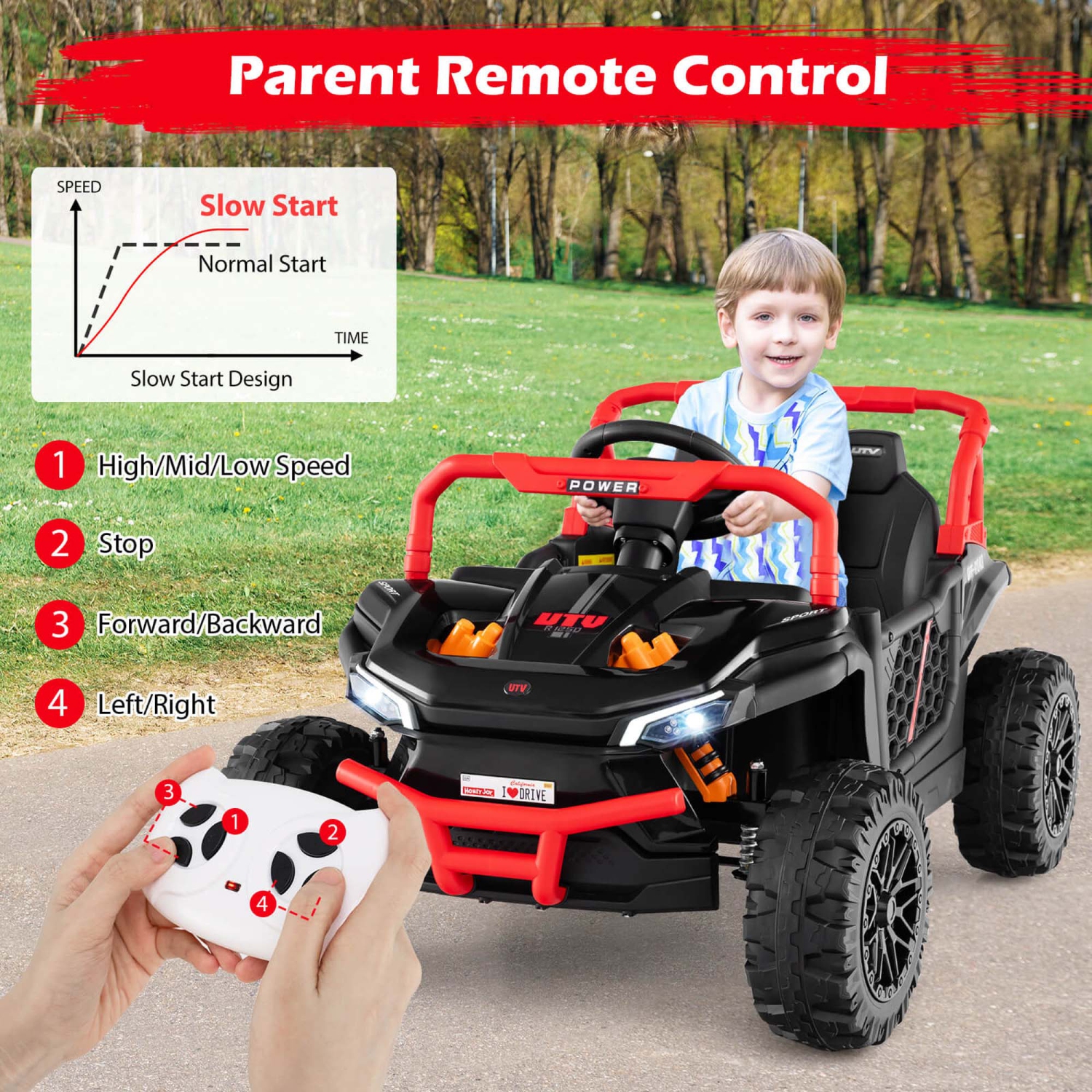 Costway 12V Kids Ride on Truck with Parental Remote 3 Speeds & Reverse Forward Function