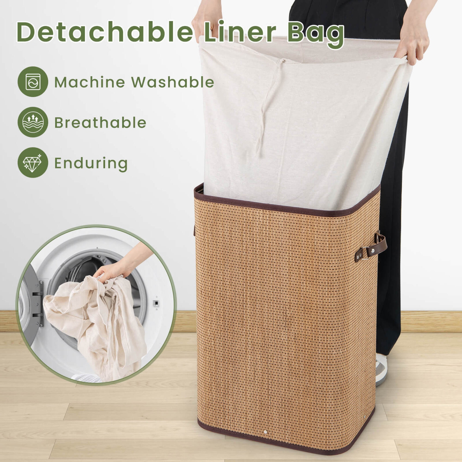 Costway Rectangle Bamboo Hamper Laundry Basket Washing Cloth Bin Bag Lid