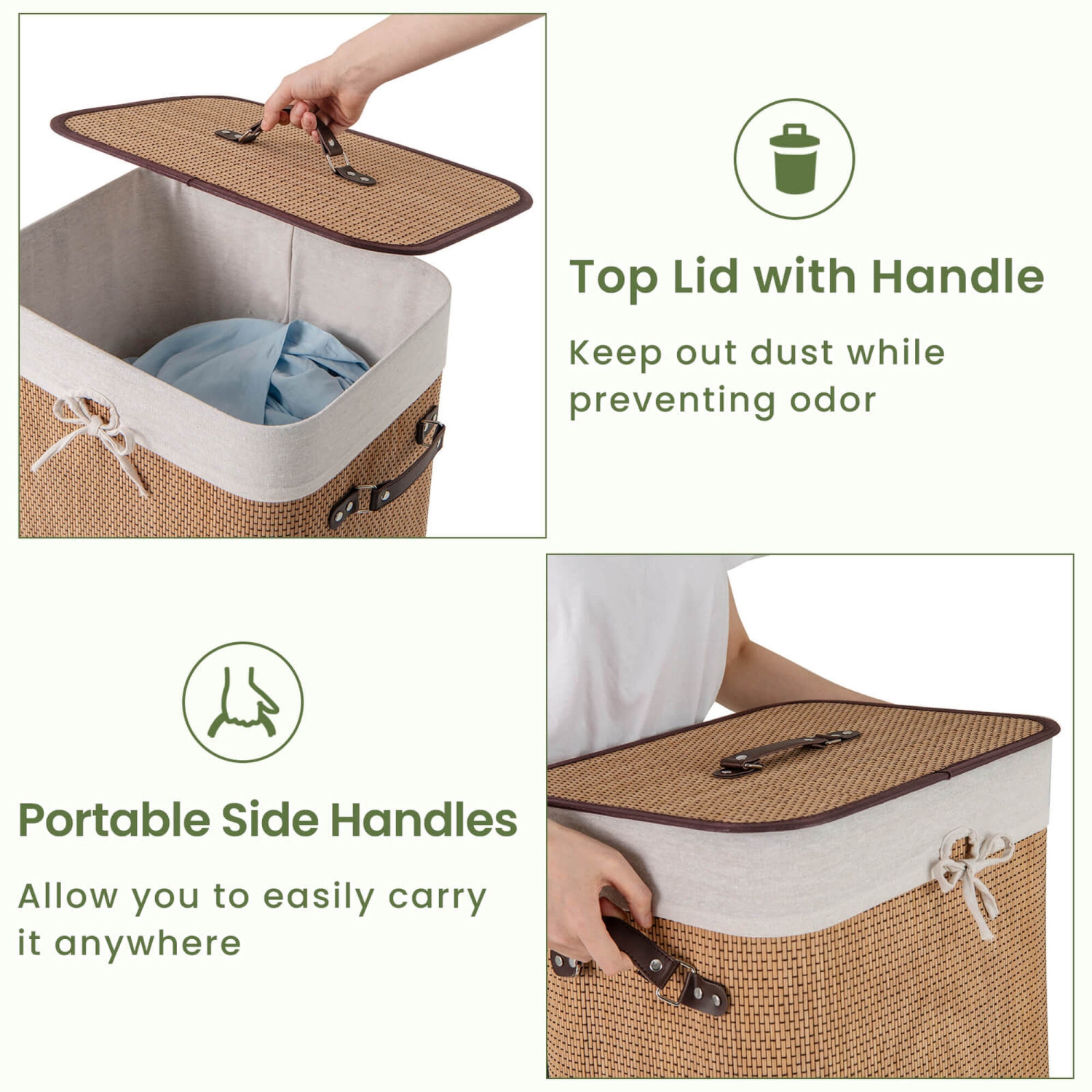 Costway Rectangle Bamboo Hamper Laundry Basket Washing Cloth Bin Bag Lid