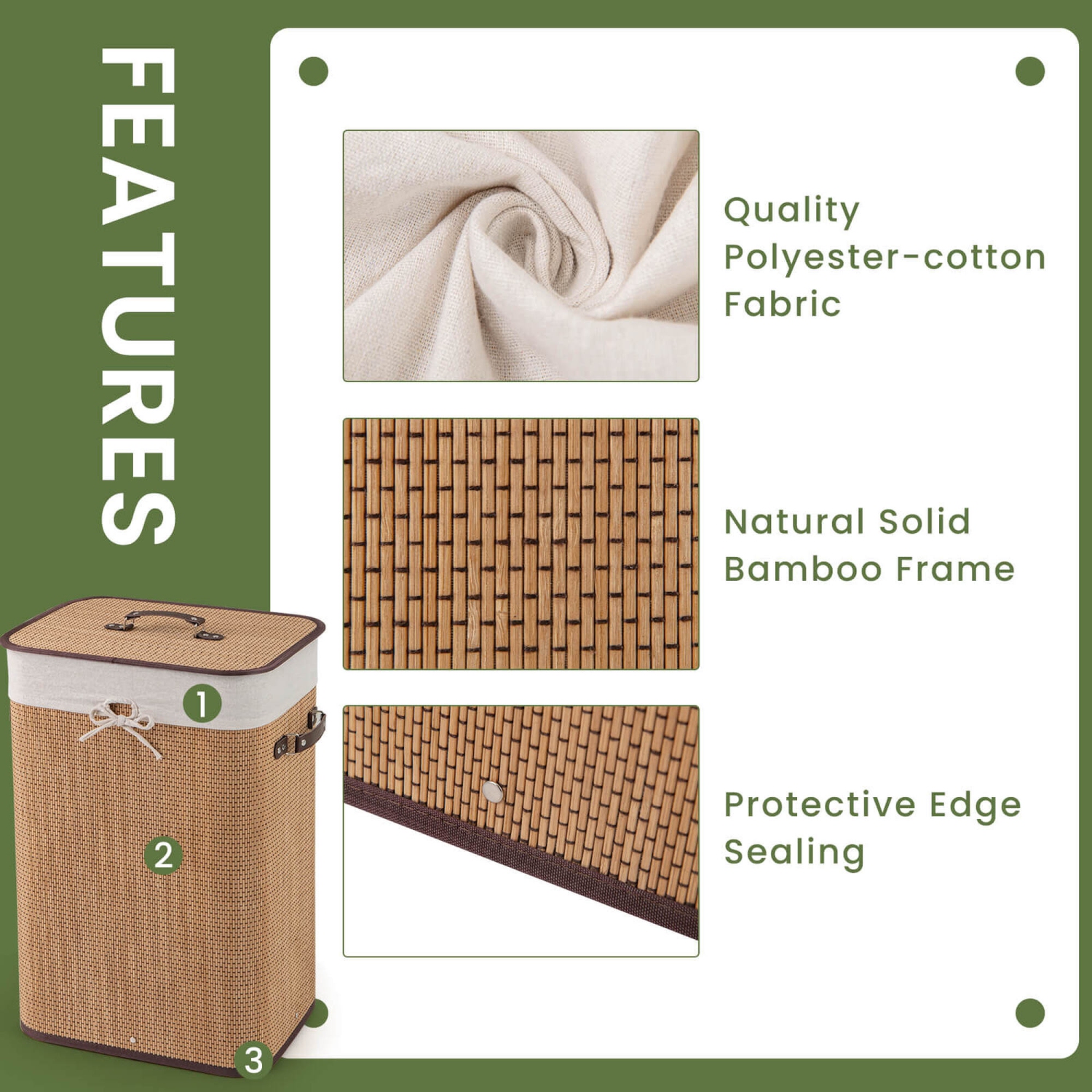 Costway Rectangle Bamboo Hamper Laundry Basket Washing Cloth Bin Bag Lid