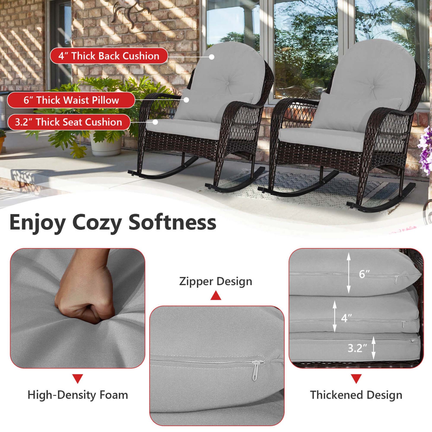 Chaise berçante de patio en osier de Costway avec coussins de dossier et coussin lombaire désactivés