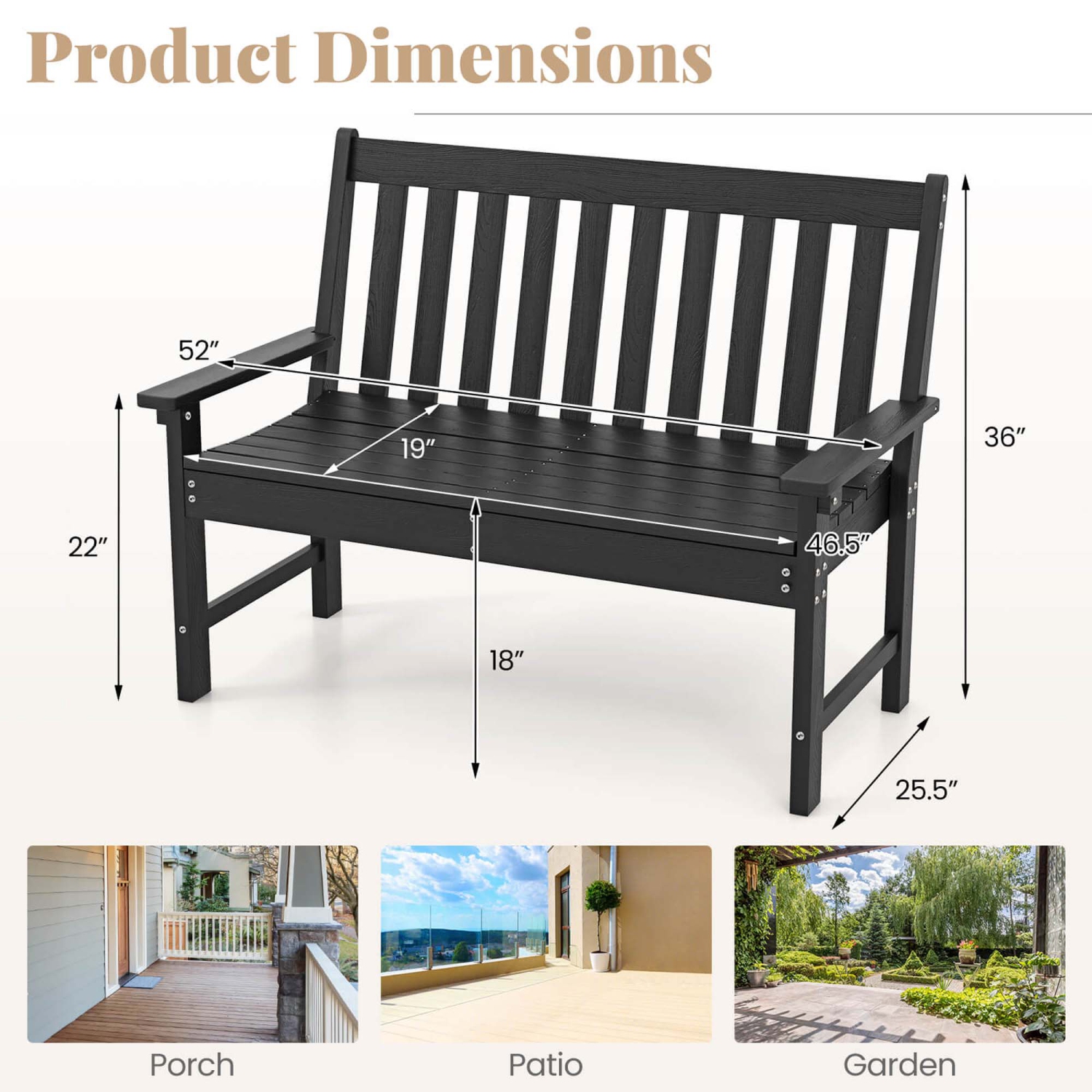 Costway Garden Bench All-Weather HDPE 2-Person Outdoor Bench for Front Porch Backyard
